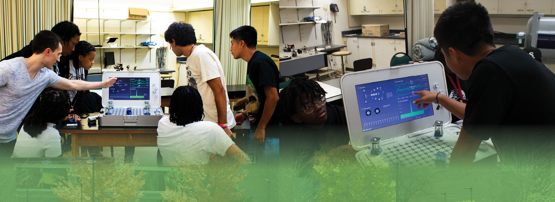collection of diverse students working on computers learning about quantum particles, semiconductors, and other fascinating things