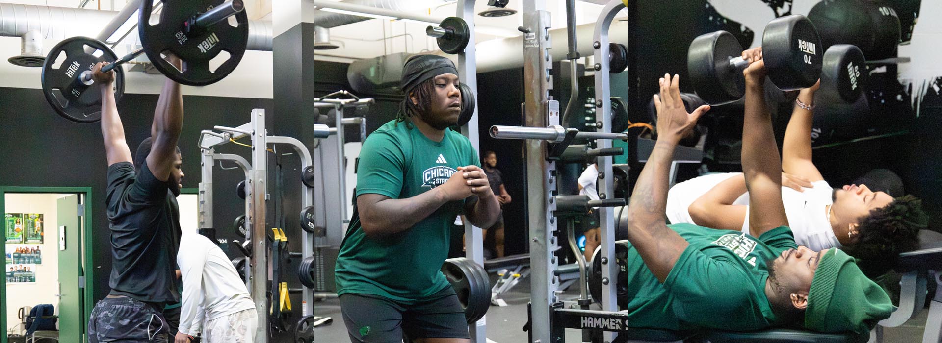 Three Chicago State student-athletes training in a weight room. From left to right: an athlete lifting a barbell overhead, an athlete performing a bodyweight squat in a green Chicago State shirt, and an athlete executing a dumbbell bench press.