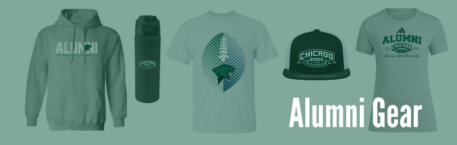 Image displaying examples of alumni gear, including shirts, hats, water bottles, and hoodies, for Chicago State University.