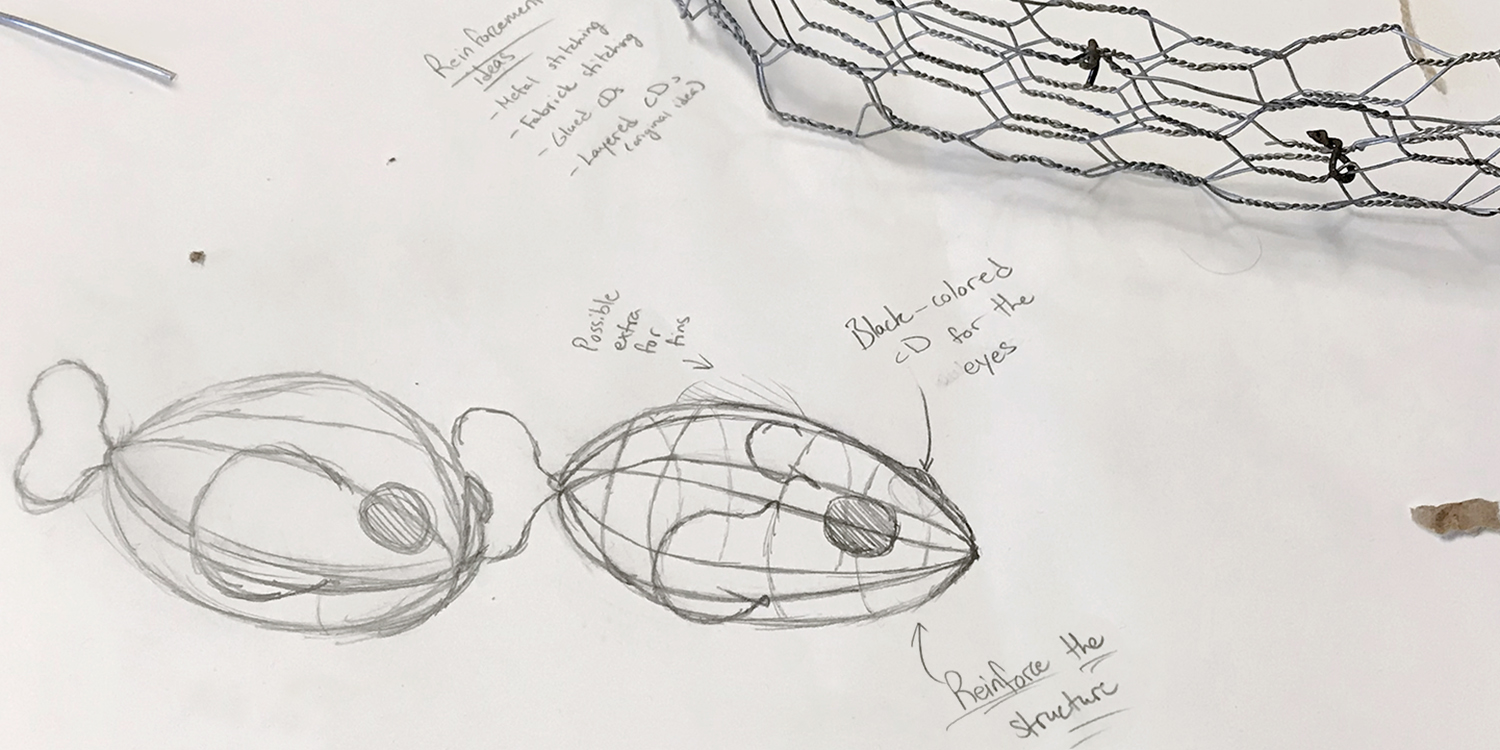 Sketches and wire model for sculpture