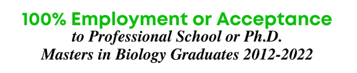 100% Employment or Acceptance to Professional School or Ph.D Program Masters in Biology Graduates 2012 - 2022