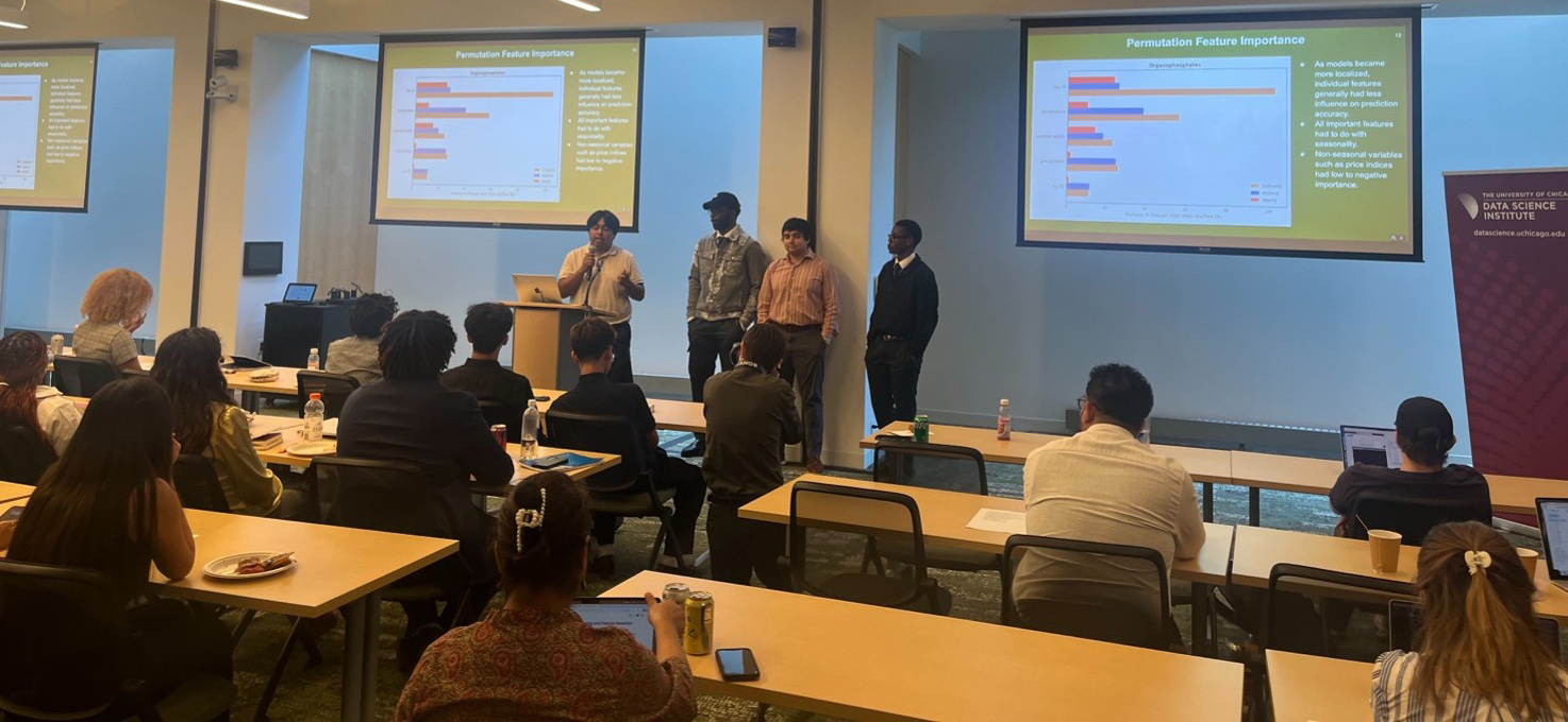 A student group gives a presentation to an audience seated at tables in a spacious, modern lecture hall.