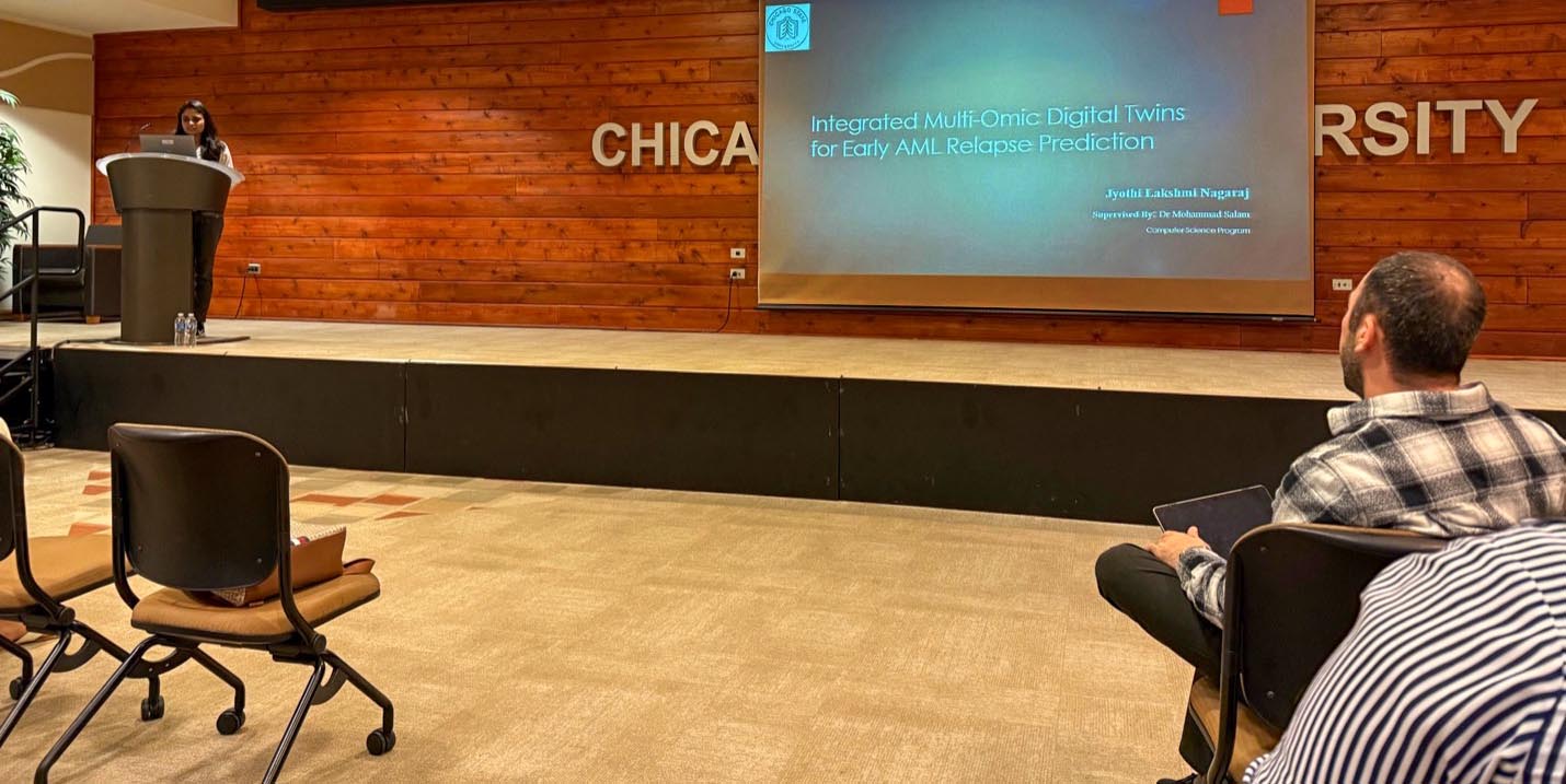 Computer science graduate student Jyothi Lakshmi Nagaraj presents her research titled "Integrated Multi-Omic Digital Twins for Early AML Relapse Prediction."