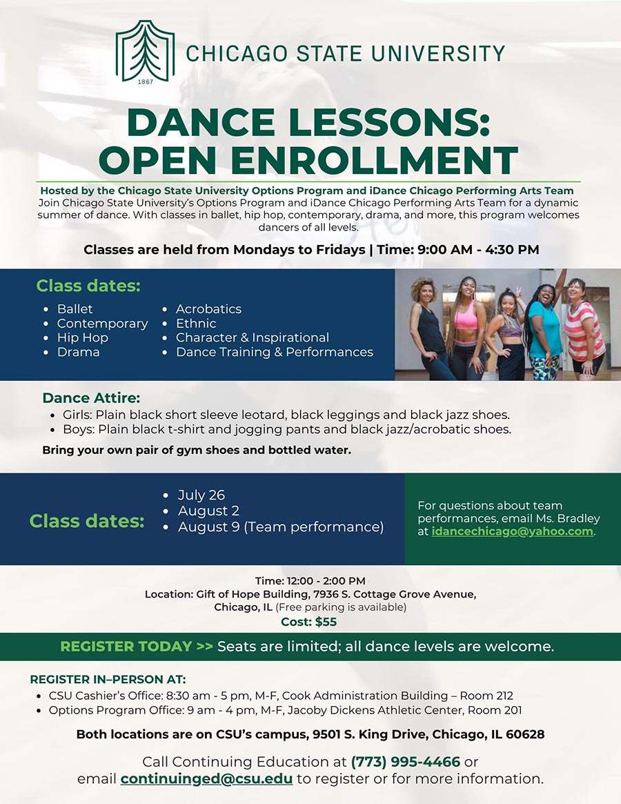 Dance Lessons flyer: Open Enrollment for Ballet, Hip Hop, Contemporary, and more. Classes July 26, August 2, August 9 at Gift of Hope building. Cost $55. Register in-person or contact Continuing Education.