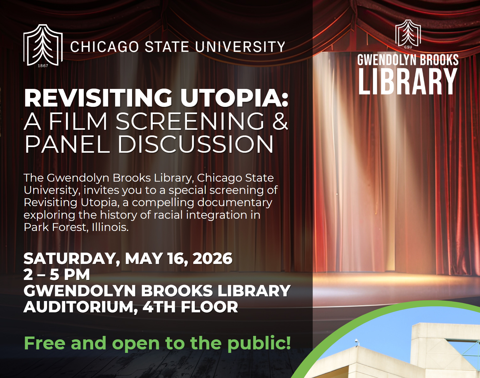 Event flyer for a screening and discussion of "Revisiting Utopia," a documentary on the history of racial integration in Park Forest, IL. The flyer's background shows a theater stage and red curtains with spotlights, while the foreground includes text details about the event. This event is free and open to the public.