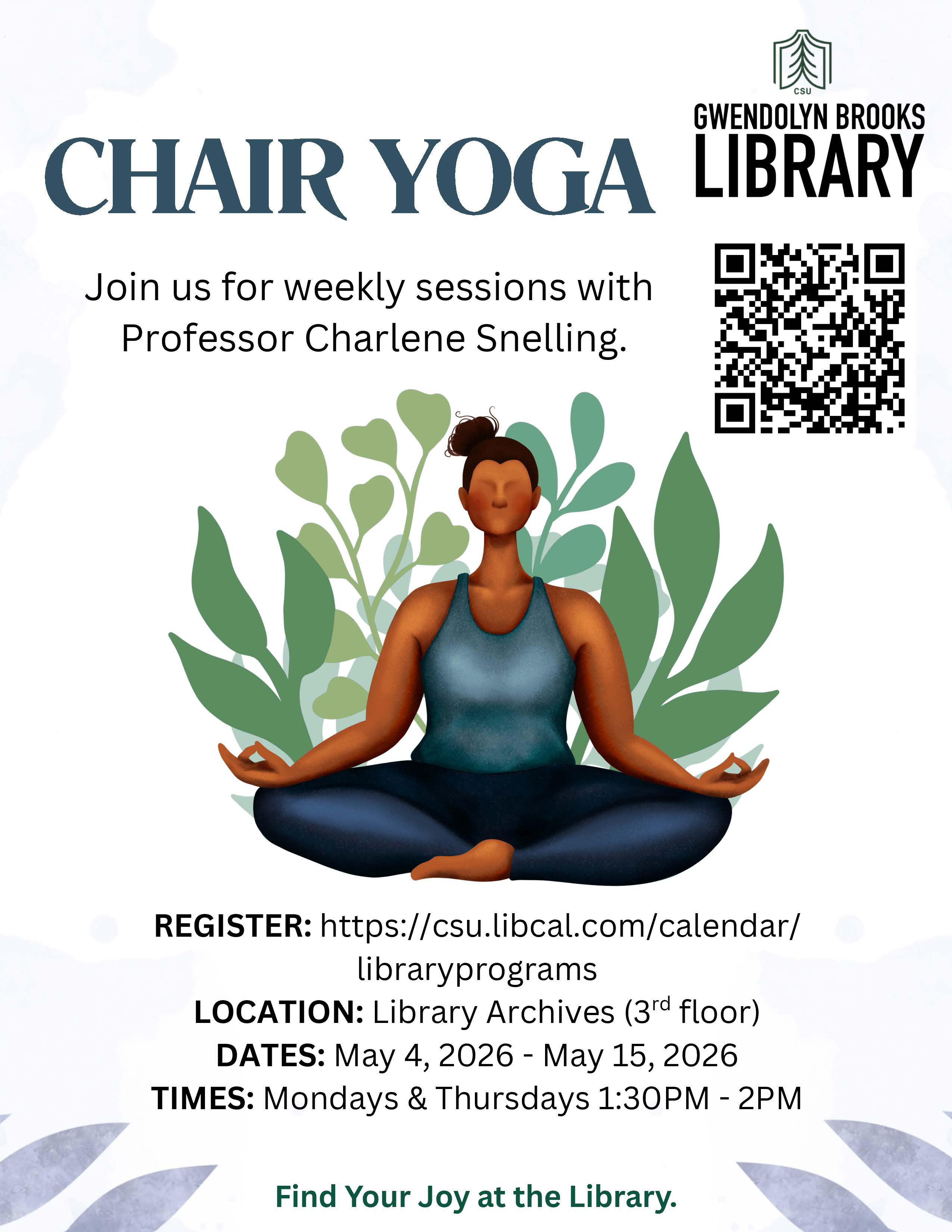 Promotional flyer for a Chair Yoga at the library. The graphic features an illustration of a person practicing yoga in a seated meditation pose in front of stylized green leaves.