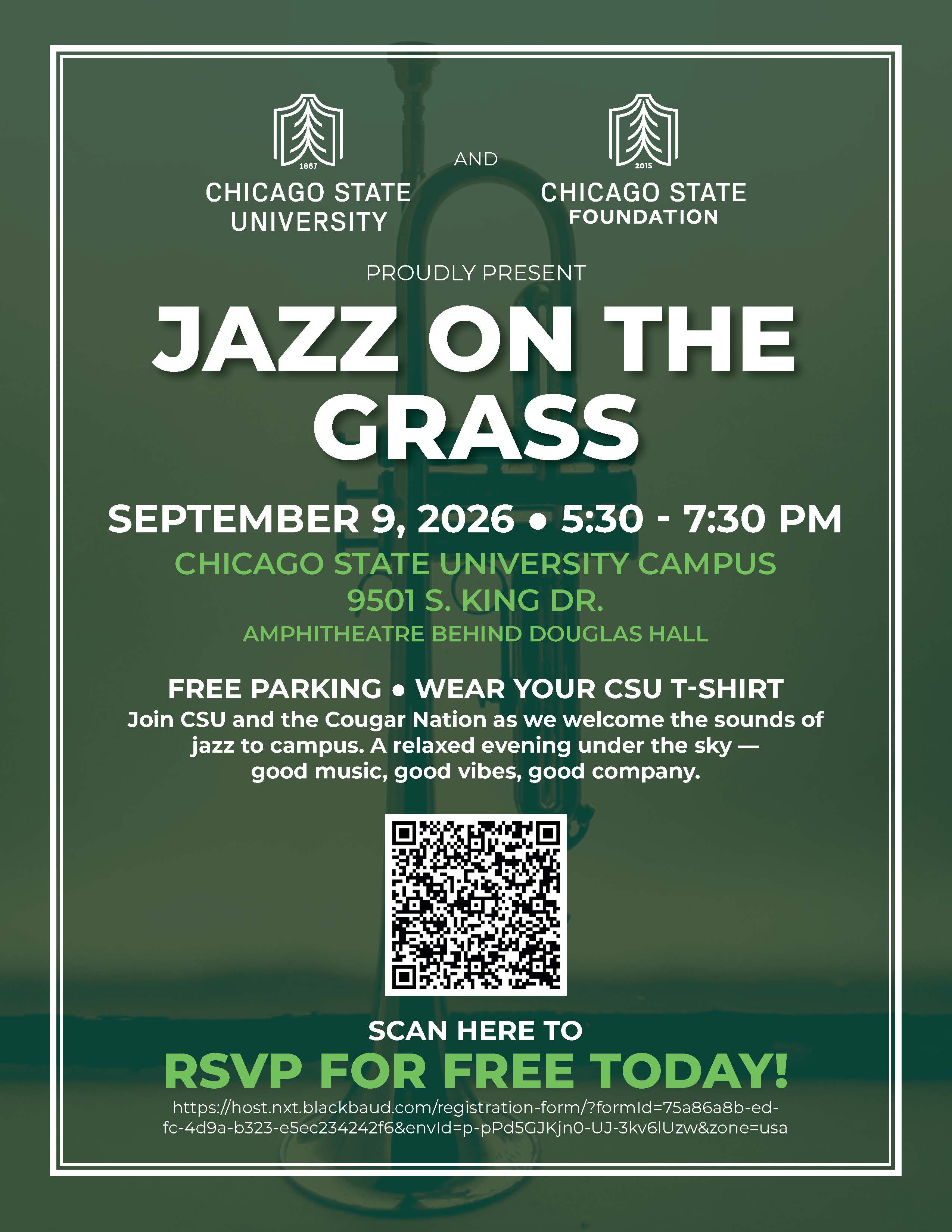 Event flyer for Jazz On The Grass including a background graphic of a trumpet, a QR code, and a URL to RSVP for free. The event is presented by Chicago State University and Chicago State Foundation. Parking is free and attendees are encouraged to wear a CSU t-shirt.