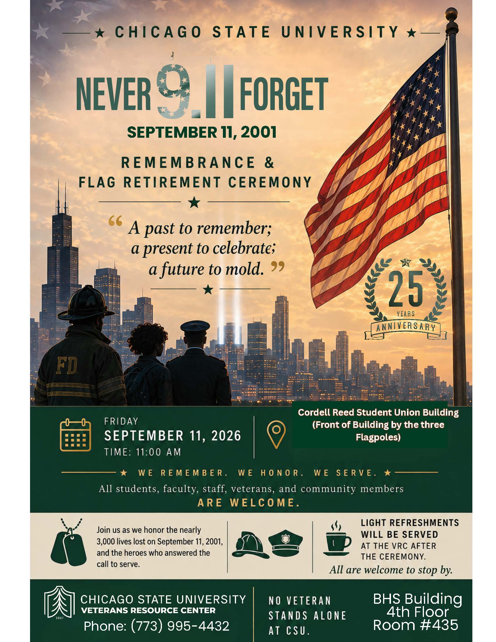 Graphic for a 9-11 ceremony set against a golden sunset background with an American flag flying on the right. In the foreground, silhouettes of a firefighter, a civilian, and a military service member look out toward a city skyline with two bright beams of light shining into the sky, representing the twin towers.