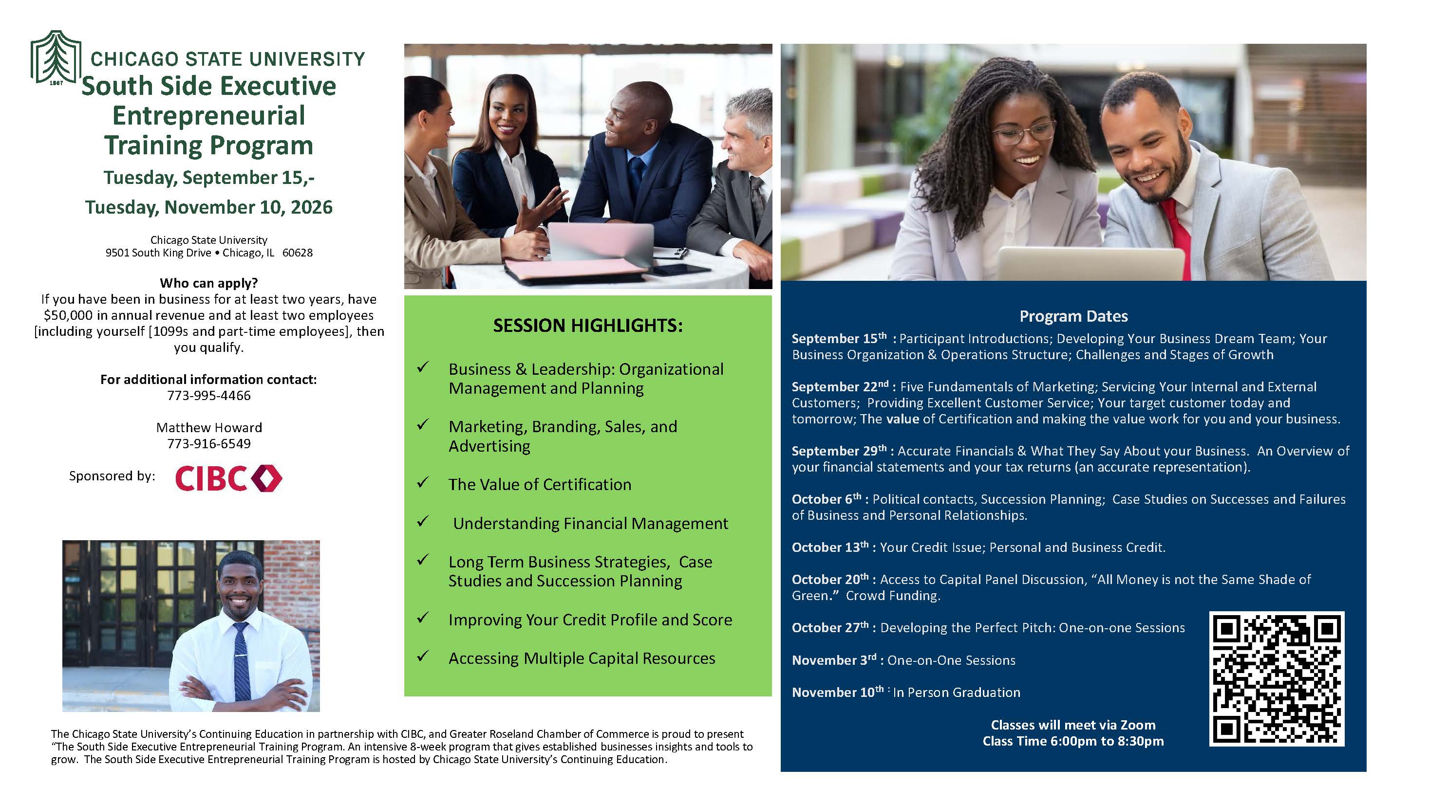 Event flyer for the South Side Executive Entrepreneurial Training Program for entrepreneurs. Eligible participants are entrepreneurs who have been in business for at least two years, have $50,000 in annual revenue and at least two employees (including yourself).