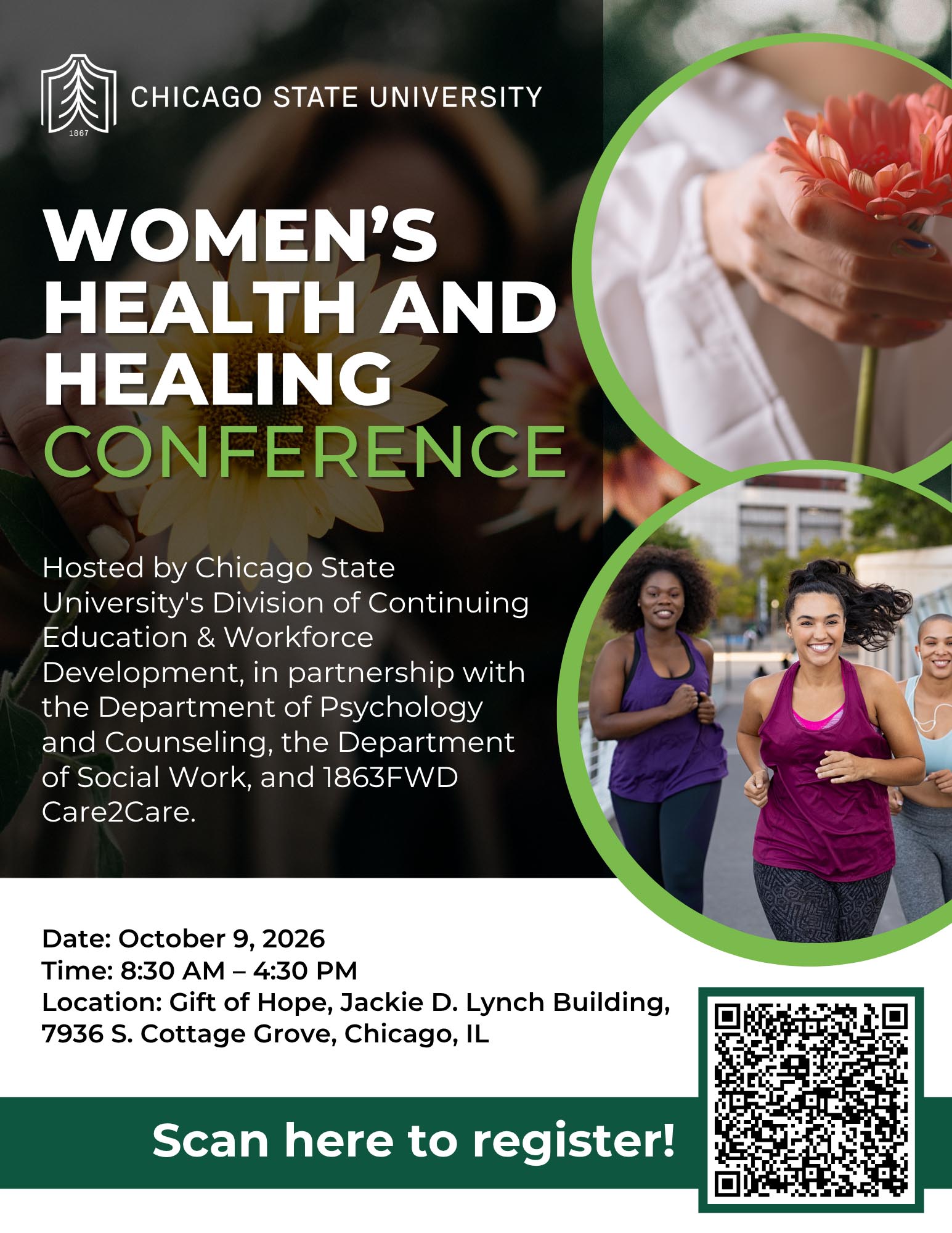 Flyer for the Women's Health and Healing Conference set against a dark background overlaid with yellow and pink flower petals. On the right are circular, green-bordered images of hands holding a pink flower stem and three women running outdoors.