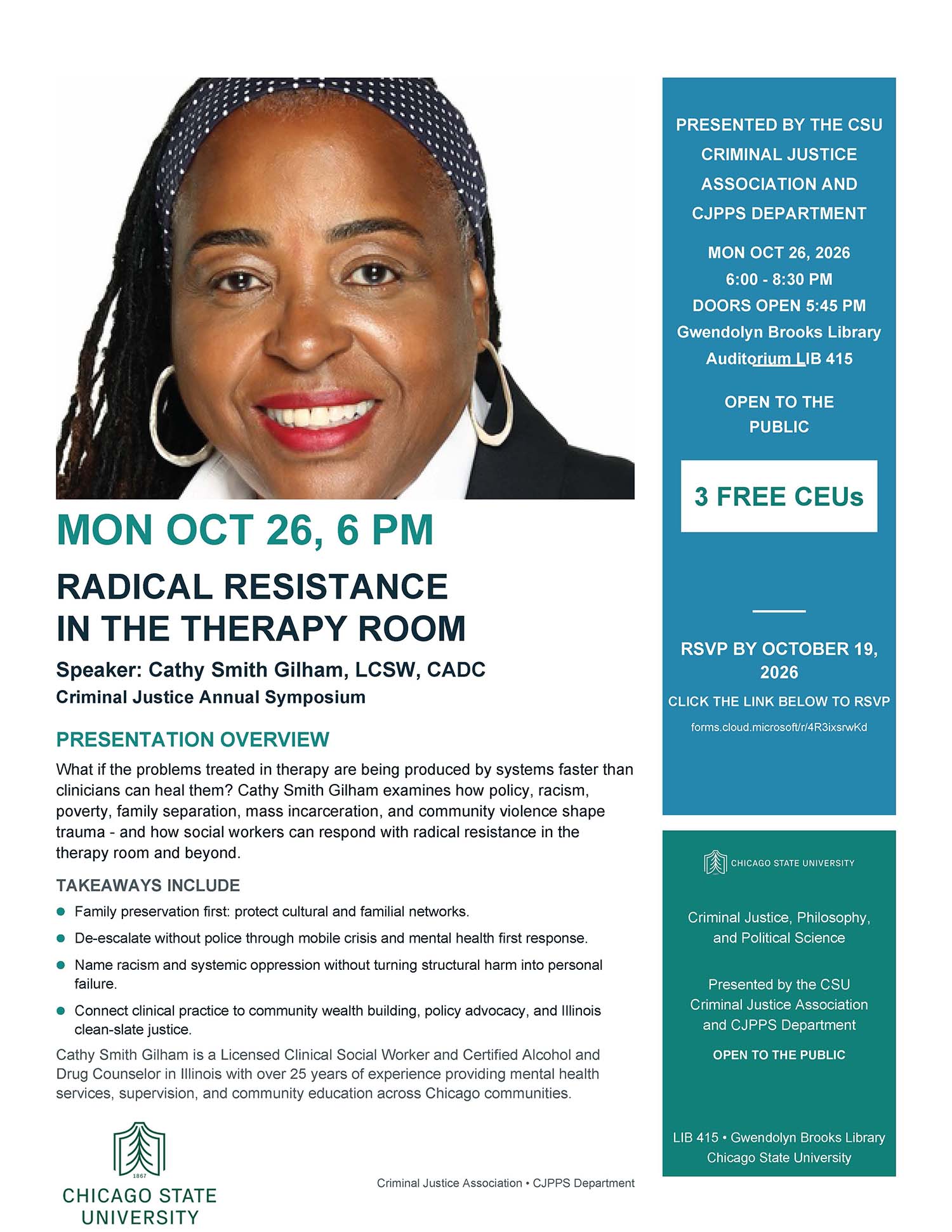 Symposium flyer with photo of speaker Cathy Smith Gilham and the title "Radical Resistance in the Therapy Room." Below the title is a presentation overview on how policy, racism, poverty, family separation, mass incarceration and community violence shape trauma and how social workers can respond.
