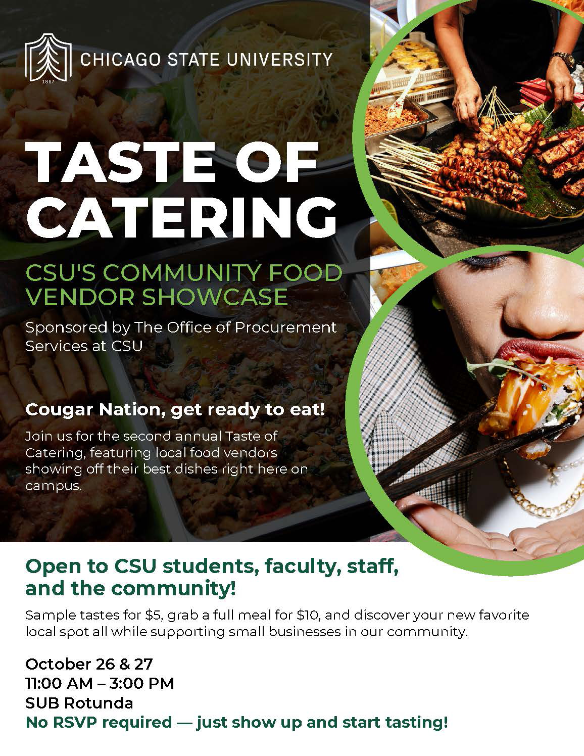 Promotional graphic for the "Taste of Catering" event, featuring a collage of catering dishes, grilled skewers, and a person eating sushi.