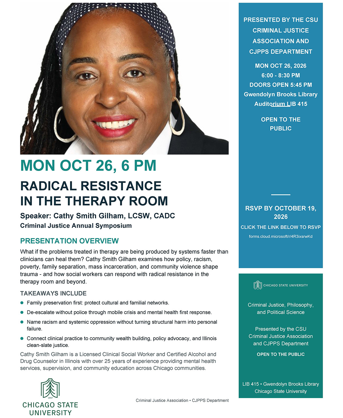 Symposium flyer with photo of speaker Cathy Smith Gilham and the title "Radical Resistance in the Therapy Room." Below the title is a presentation overview on how policy, racism, poverty, family separation, mass incarceration and community violence shape trauma and how social workers can respond.