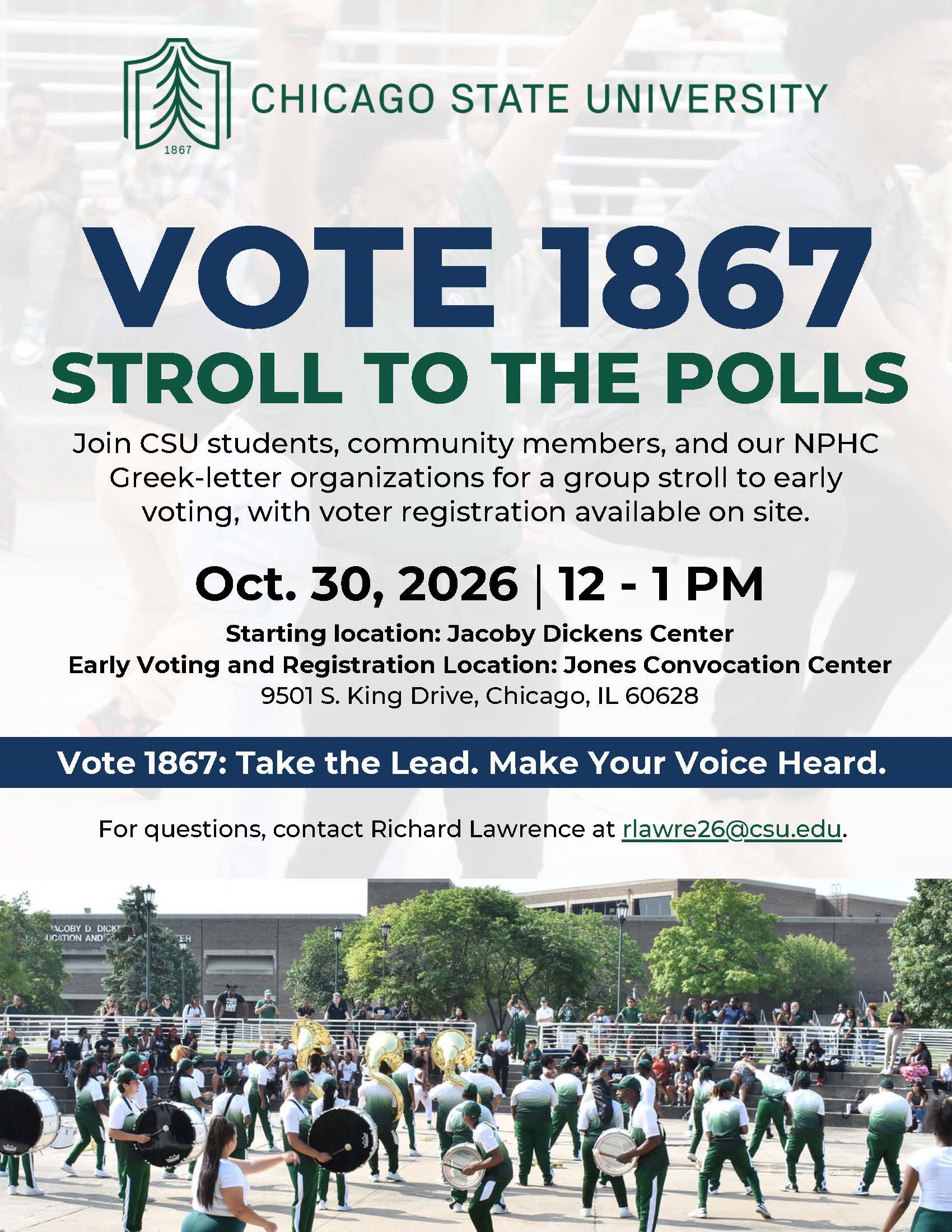 Promotional flyer for Stroll to the Polls featuring "VOTE 1867" in large blue letters. A high-energy photo of the CSU band and students at an outdoor event is included at the bottom of the flyer.