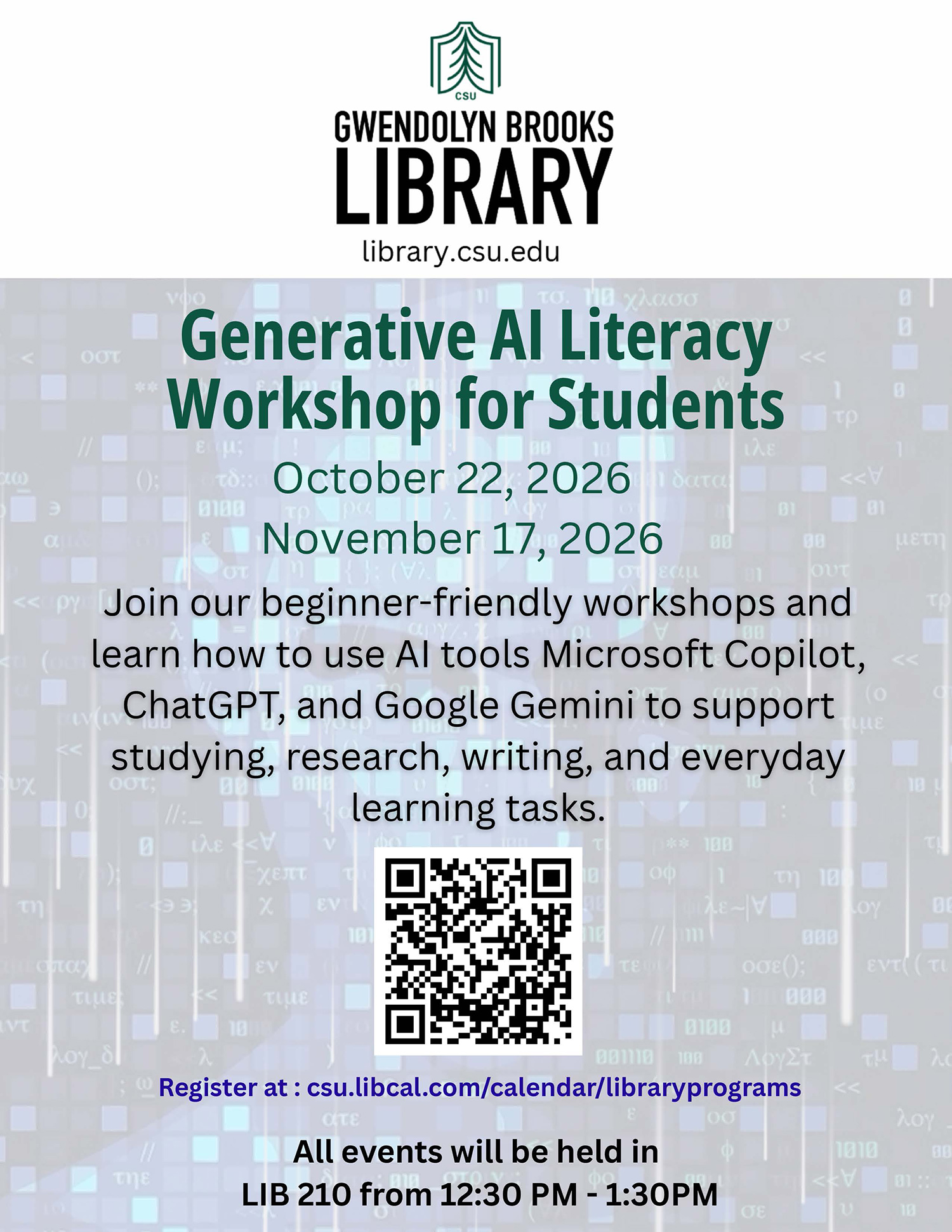 Upcoming workshop dates set against a light gray digital pixel matrix background.
