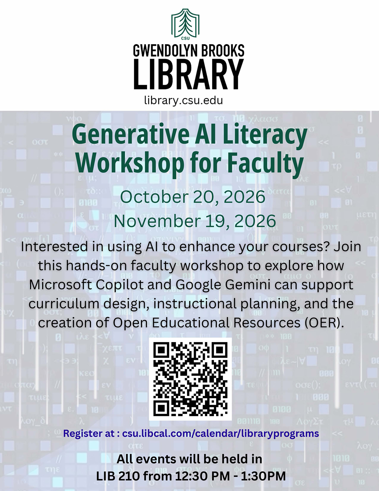 Upcoming workshop dates set against a light gray digital pixel matrix background.