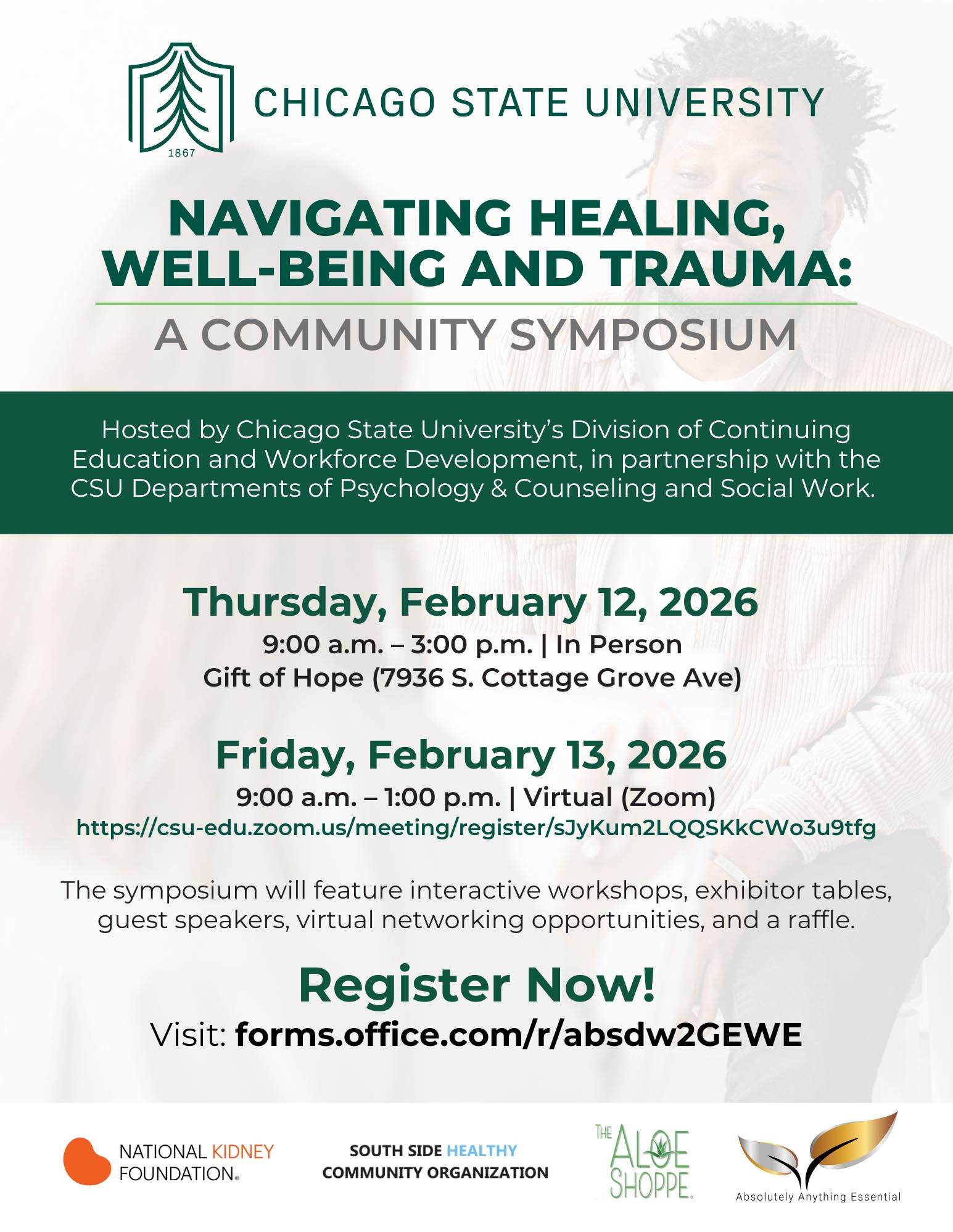 Flyer announcing a trauma and healing symposium hosted by Chicago State University's Division of Continuing Education, in partnership with the departments of Psychology & Counseling and Social Work