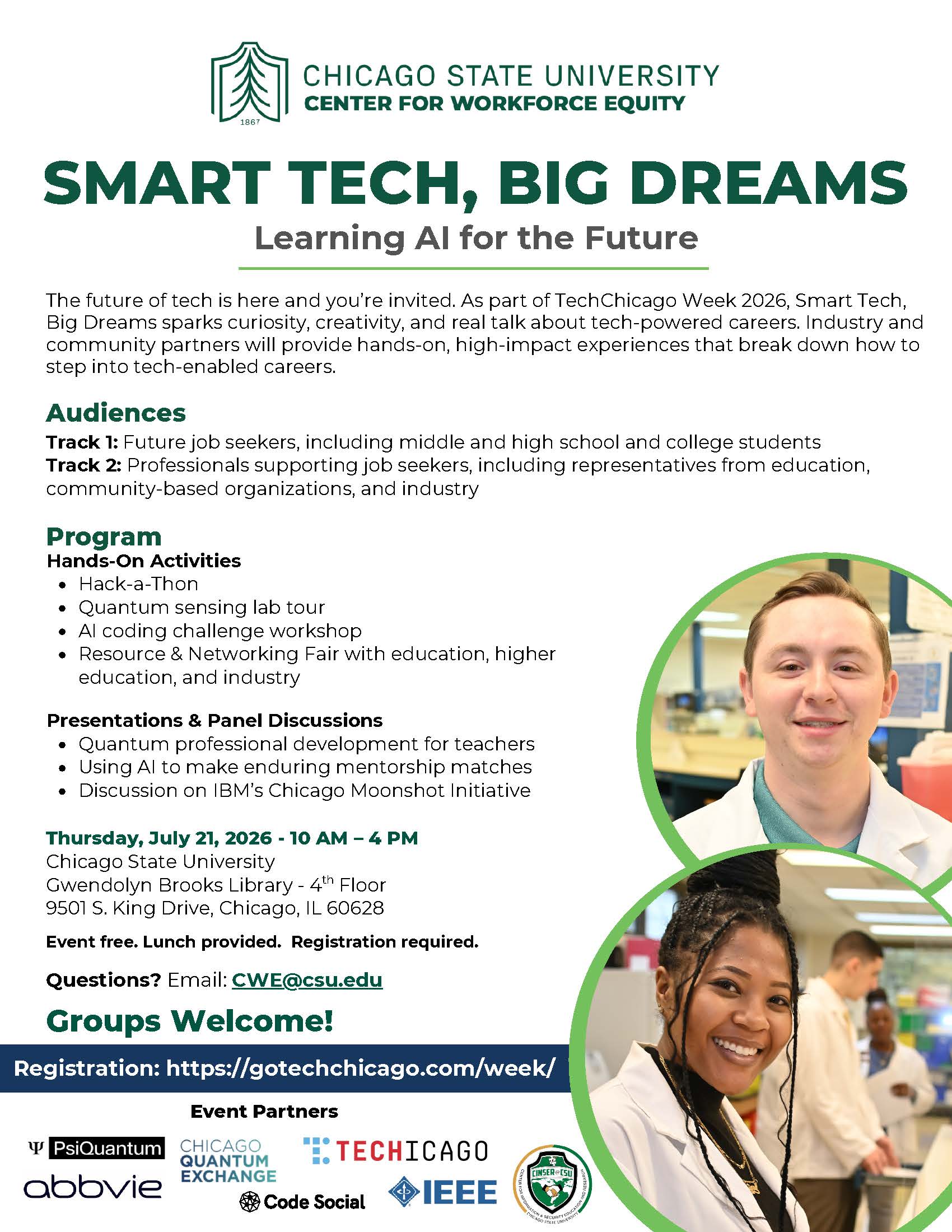 Promotional flyer for "Smart Tech, Big Dreams: Learning AI for the Future" at Chicago State University on July 21, 2026. Part of TechChicago Week, the event features hands-on activities, panels on AI and quantum computing, and a resource fair.