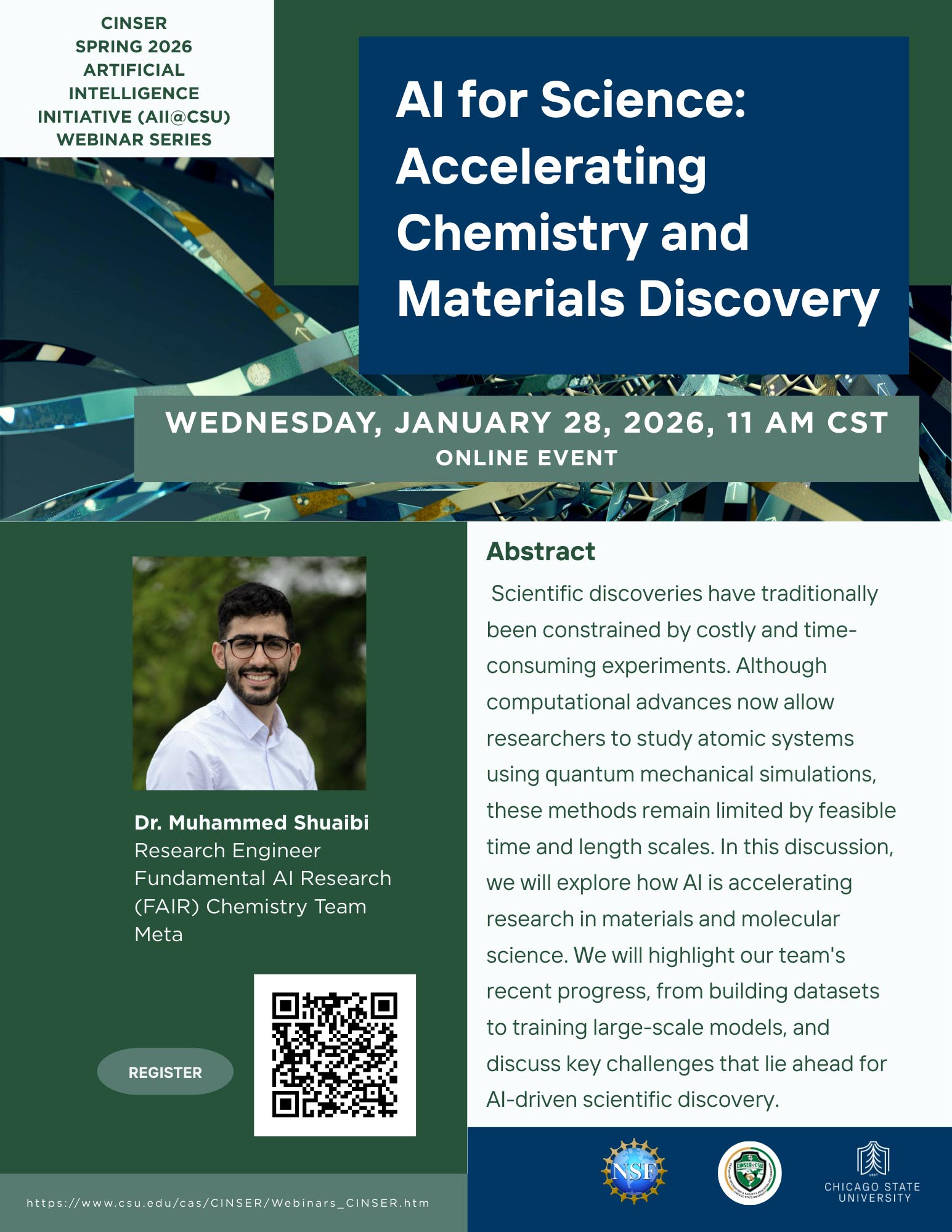 Flyer announcing a webinar titled AI for Science: Accelerating Chemistry and Materials Discovery. The guest speaker is Dr. Muhammed Shuaibi, a research engineer on the Fundamental AI Research (FAIR) Chemistry Team at Meta.