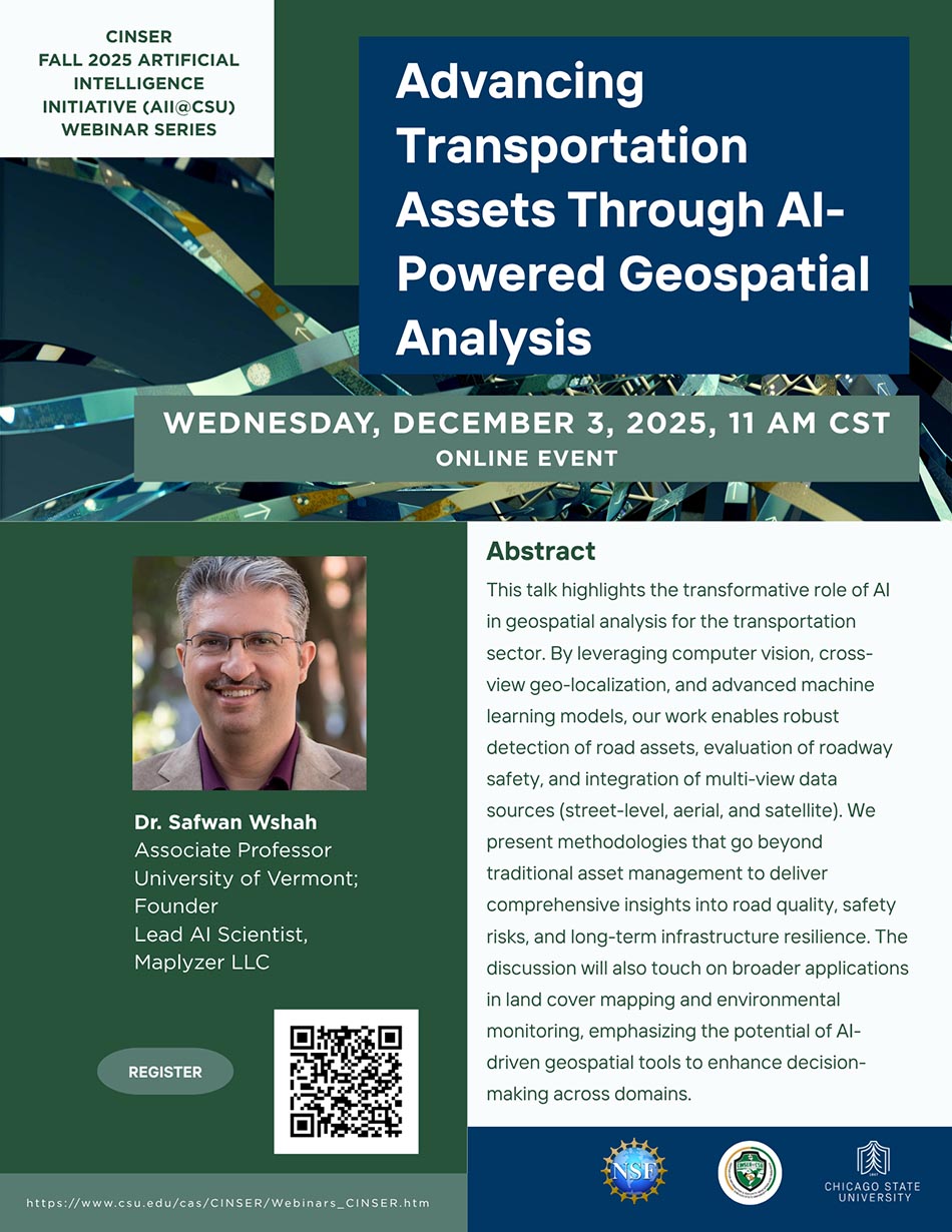 Image of a flyer for a webinar on advancing transportation assets through AI-powered geospatial analysis