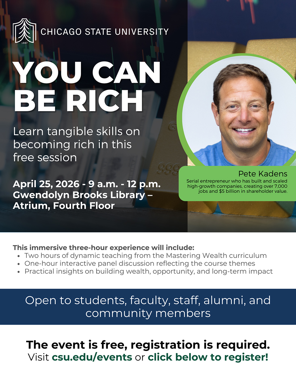 Promotional flyer for an event titled "You Can Be Rich" featuring entrepreneur Pete Kadens. The three-hour immersive experience includes teaching from the "Mastering Wealth" curriculum and an interactive panel discussion on building wealth and long-term impact. The event is open to students, faculty, staff, alumni, and community members.