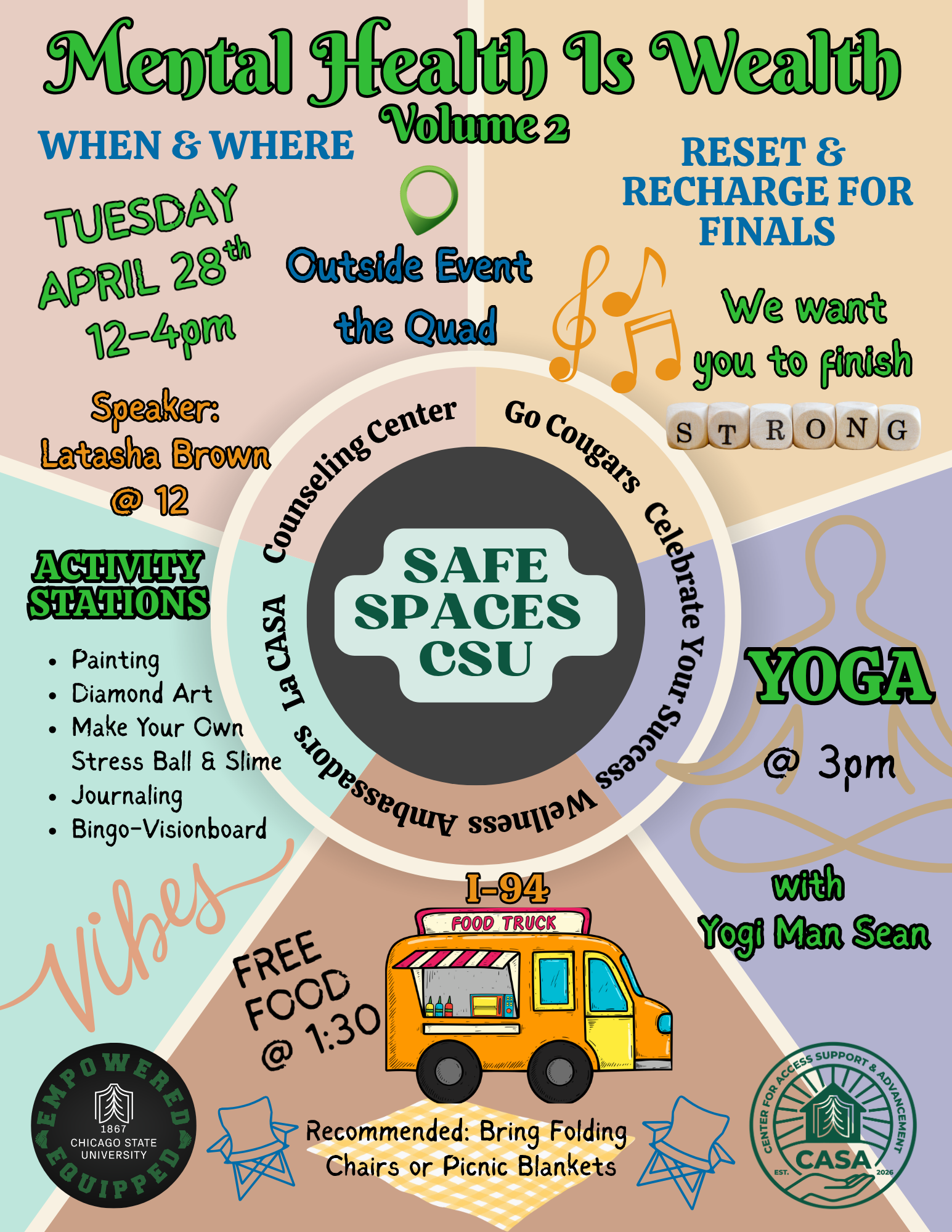 Event flyer announcing volume 2 of 'Mental Health is Wealth,' featuring activity stations with painting, diamond art, DIY stress balls and slime, journaling, and bingo-visionboards. Free food will be offered at 1:30pm and a yoga class with Yogi Man Sean will be held at 3pm. It's recommended to bring folding chairs or picnic blankets.