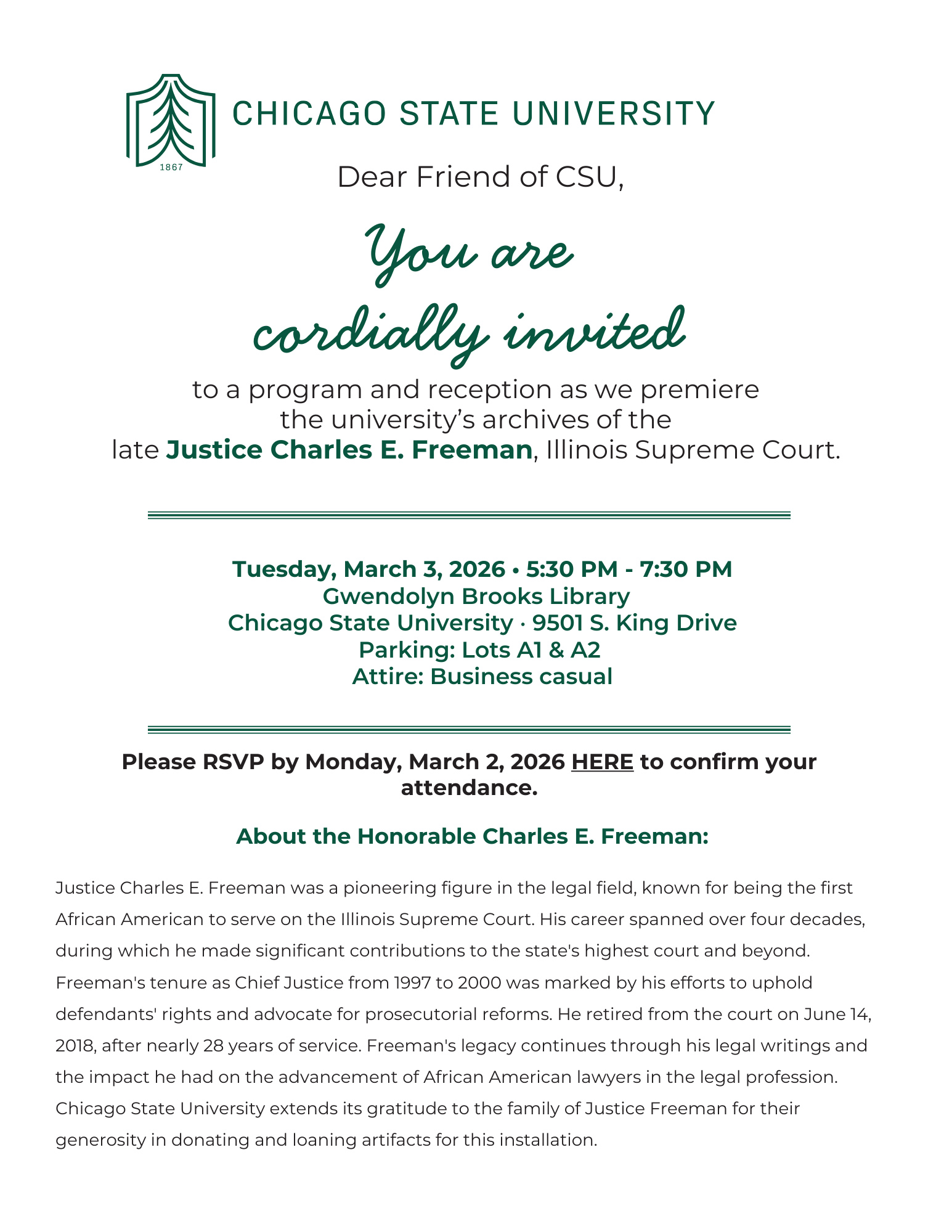 Invitation for the Justice Charles E. Freeman Celebration