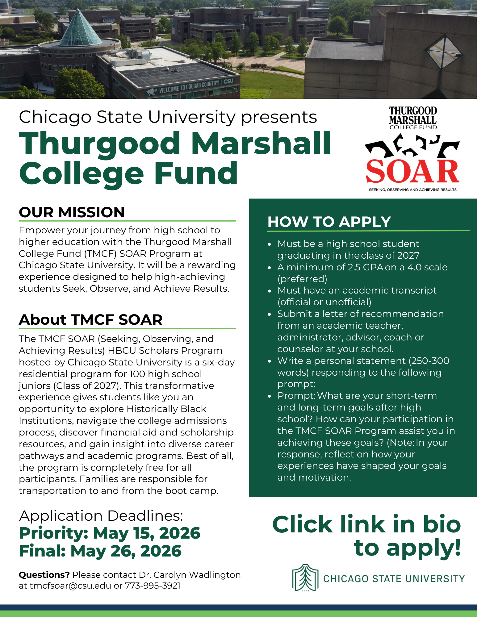 Flyer for the Thurgood Marshall College Fund (TMCF) SOAR Program at Chicago State University. The program is a free six-day residential experience for high school juniors (Class of 2027). Priority deadline is April 5, 2026, and the final deadline is April 19, 2026.