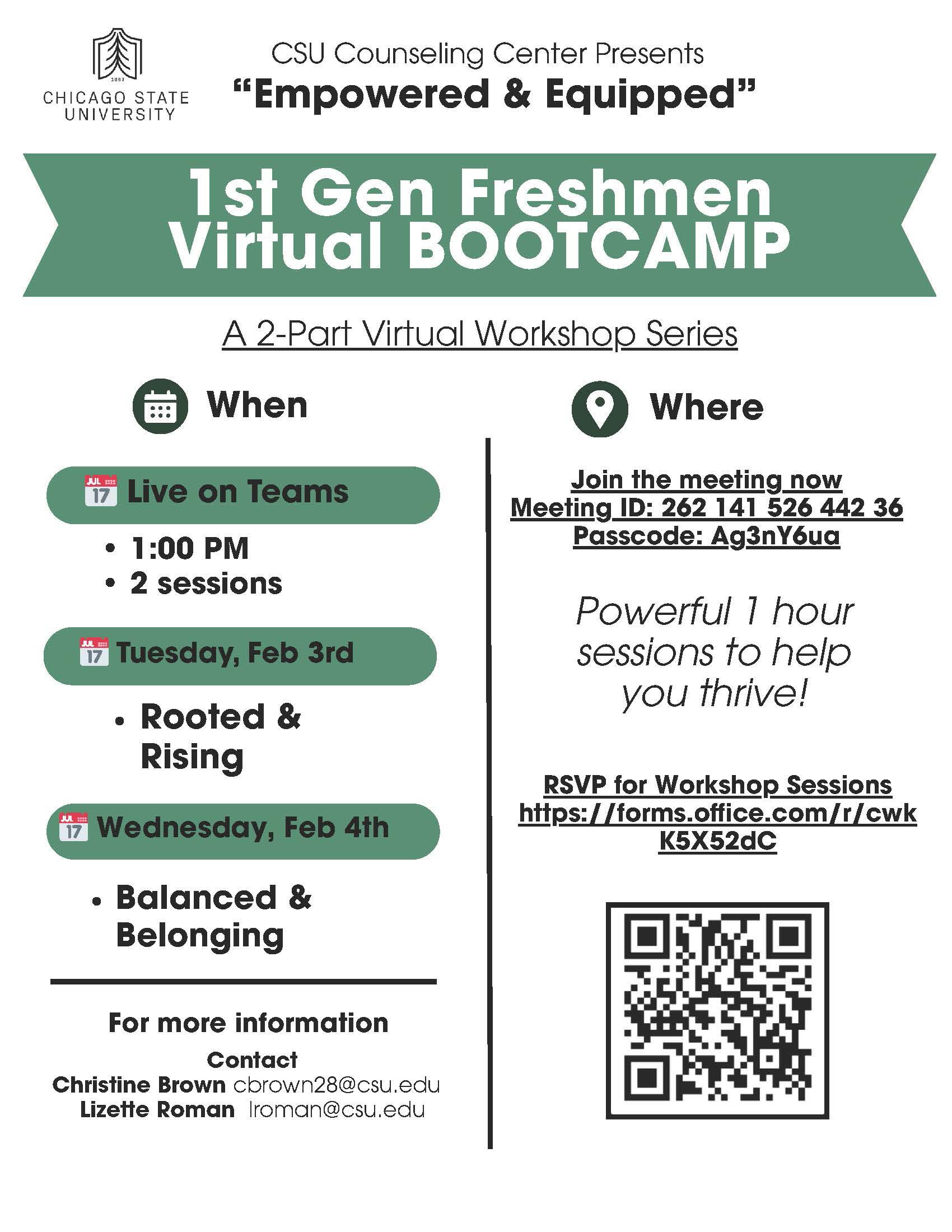 Flyer for CSU Counseling Center’s First Gen Freshmen Virtual Bootcamp.