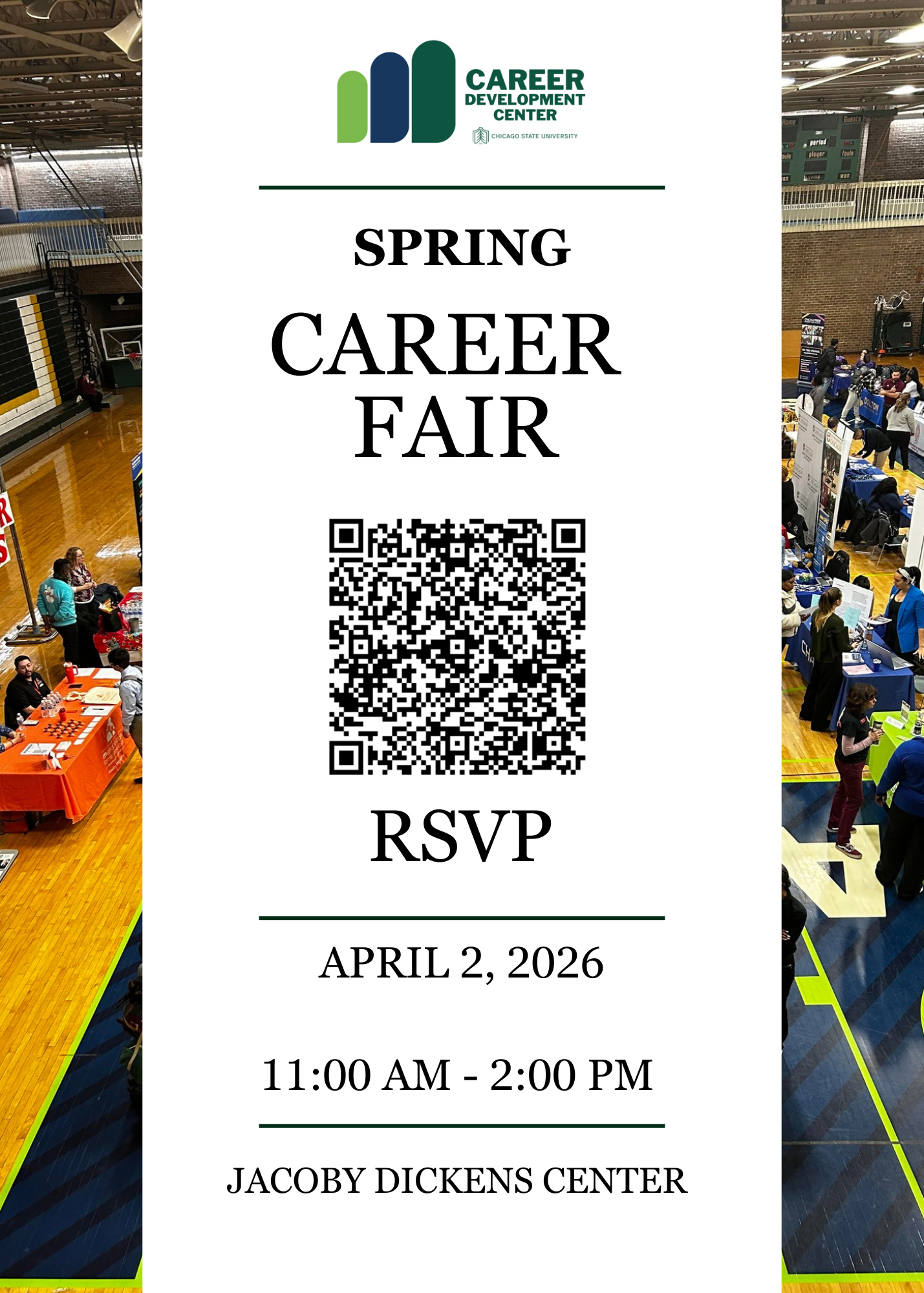Flyer for the Spring 2026 Career Fair&nbsp;with a QR code in the center to RSVP.