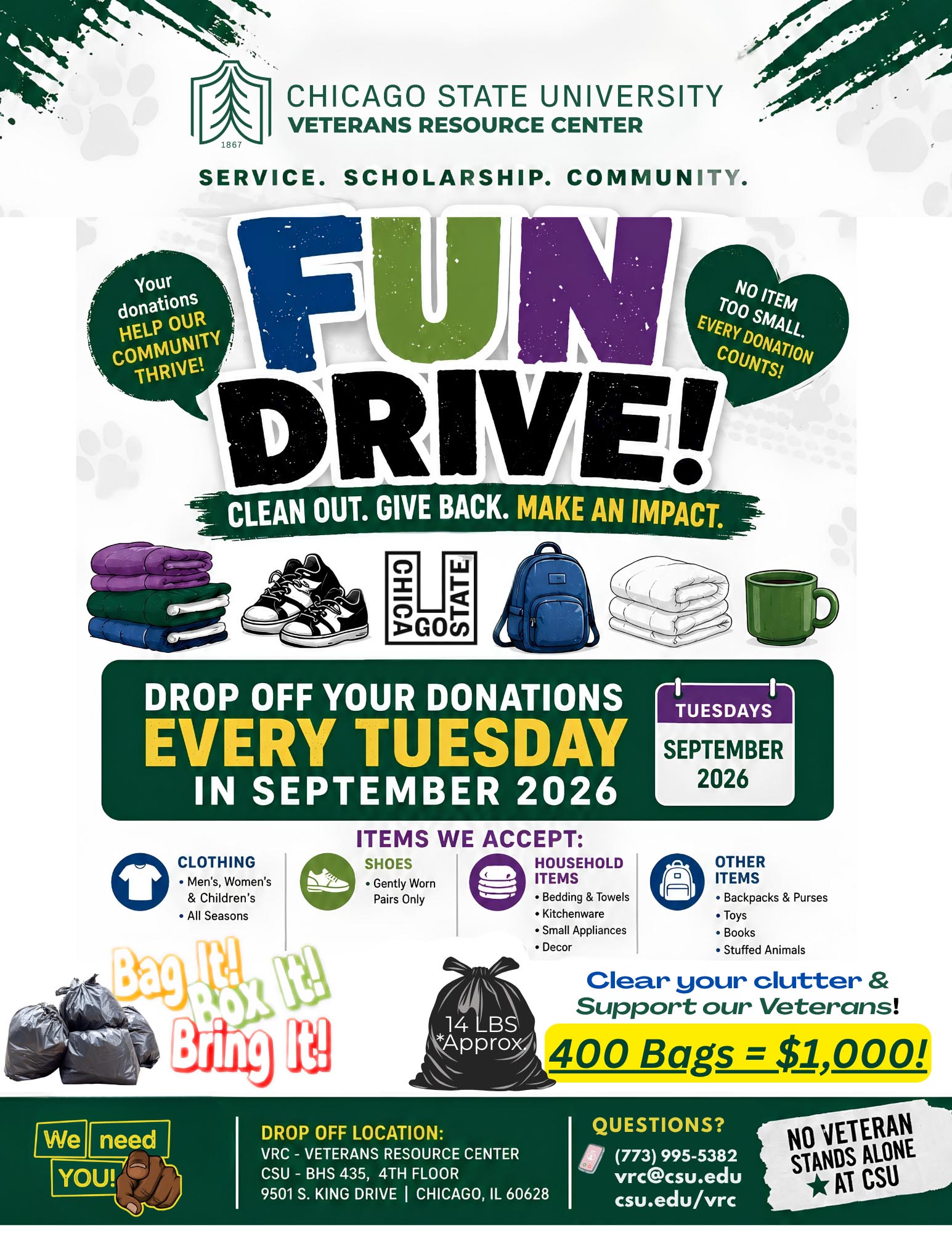 Flyer promoting a donation event hosted by the Chicago State University Veterans Resource Center. Drop-offs are accepted every Tuesday in September 2026 at BHS 435, 4th Floor. Accepted items include all-season clothing, gently worn shoes, household items (bedding, kitchenware, decor), backpacks, toys, books, and stuffed animals.