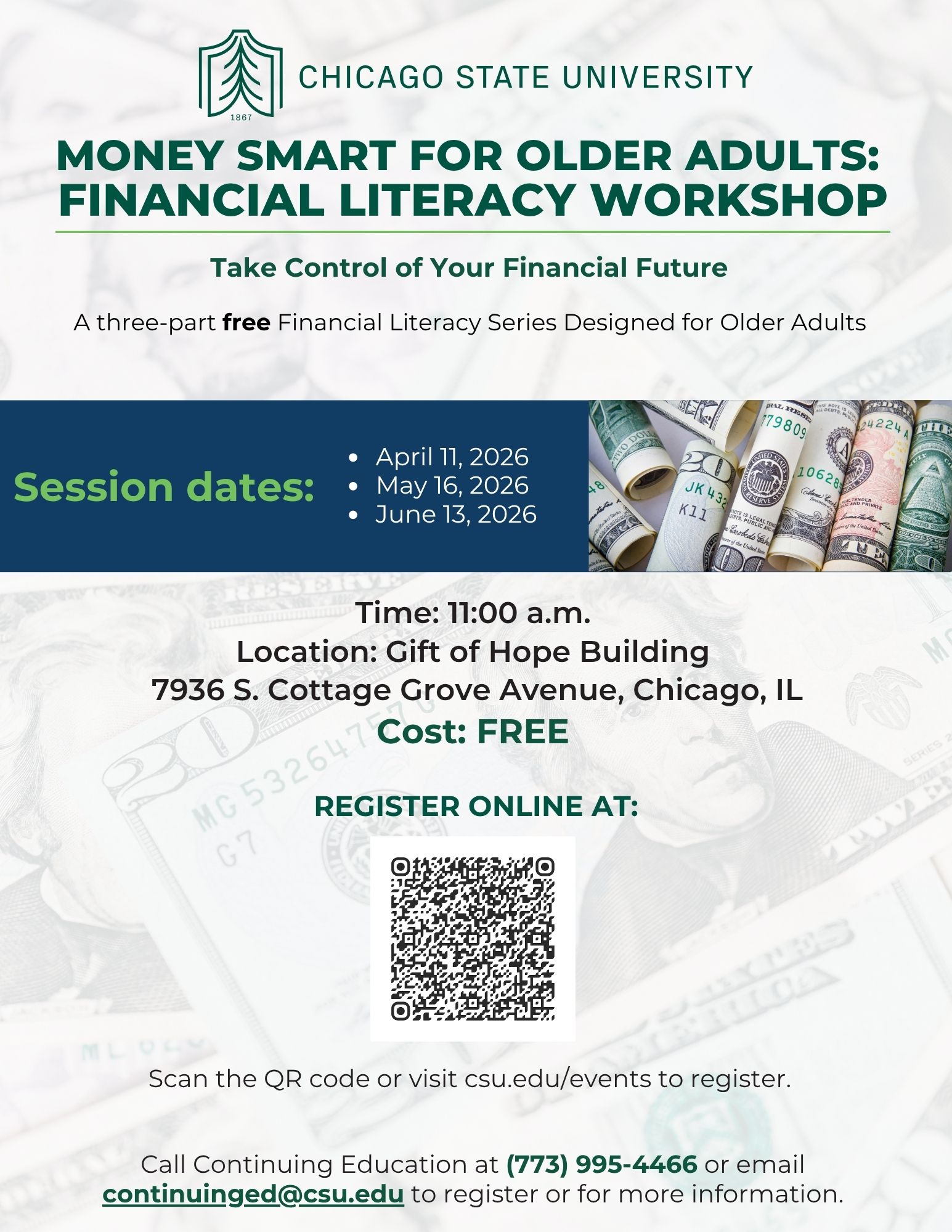 Flyer that says "Money Smart for Older Adults: Financial Literacy Workshop. Take control of your financial future," with session dates in April, May and June and a QR code to register.