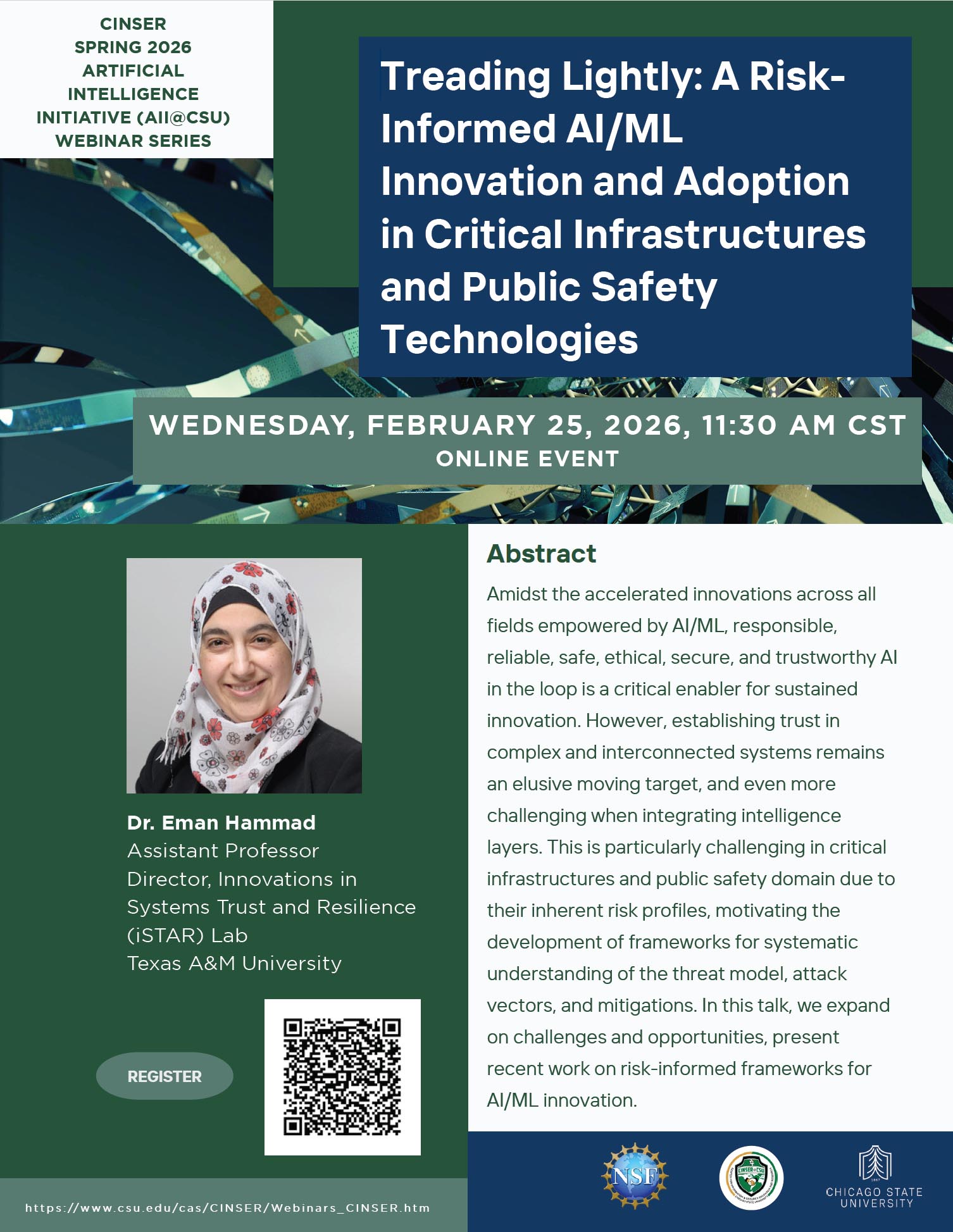 Flyer announcing the CINSER webinar: Treading Lightly: AI/ML Innovation Critical Infrastructures & Public Safety