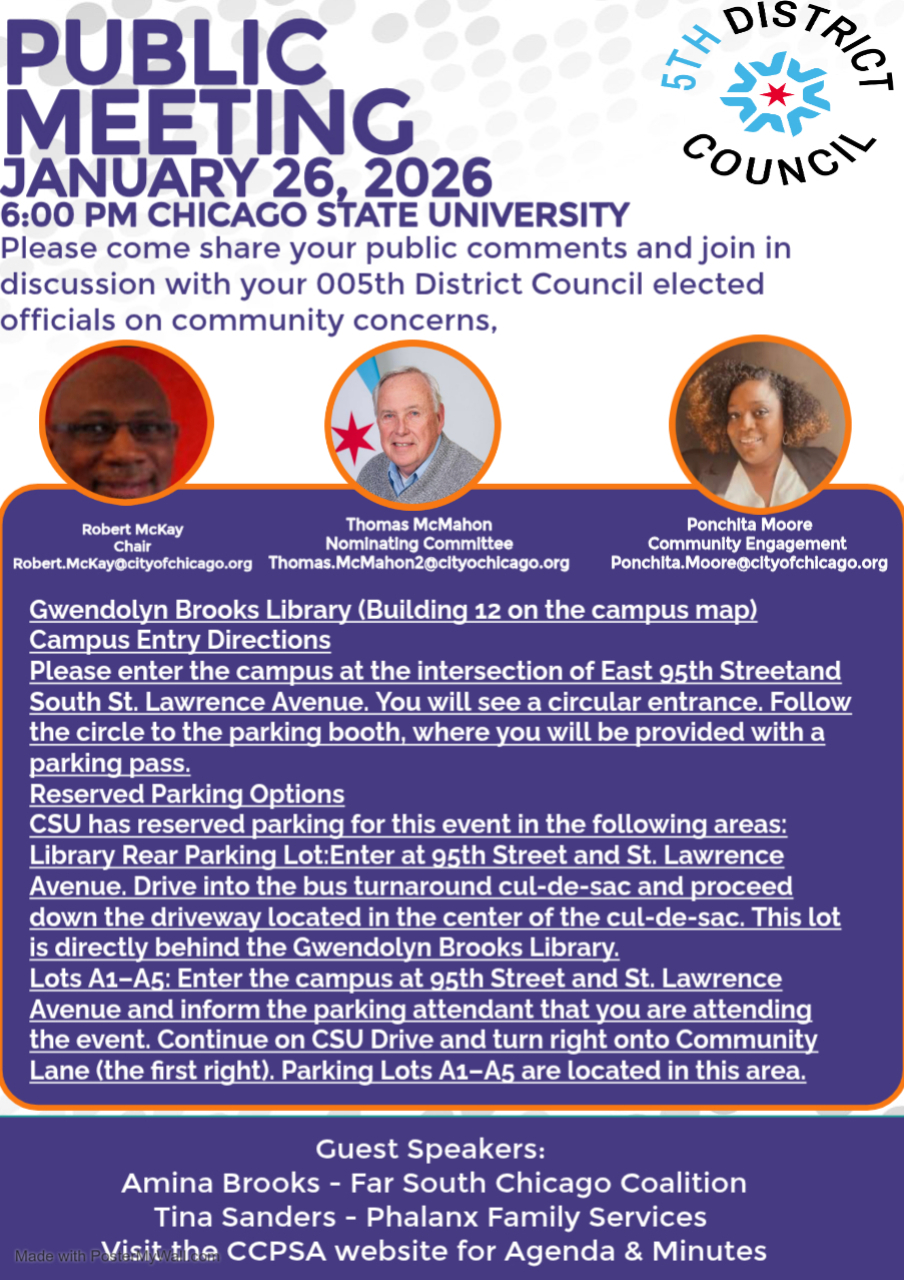 Public Meeting on January 26, 2026 at 6:00 PM at Chicago State University, hosted by the 5th District Council, with council members and guest speakers listed.