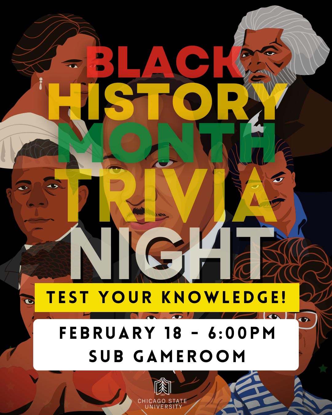 Flyer for 'Black History Month Trivia Night' on February 18, 2026 at 6:00 pm. The event takes place in the Student Union Building's gameroom.