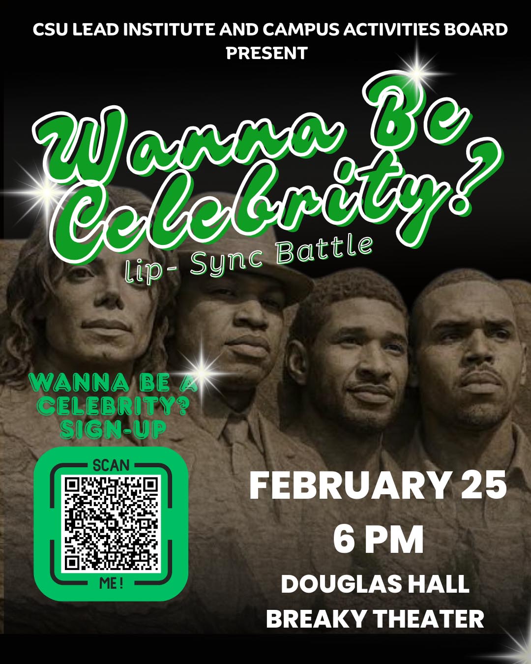 Event flyer for 'Lip Sync Battle' on February 25, 2026 in Douglas Hall's Breaky Theater. The event begins at 6pm.