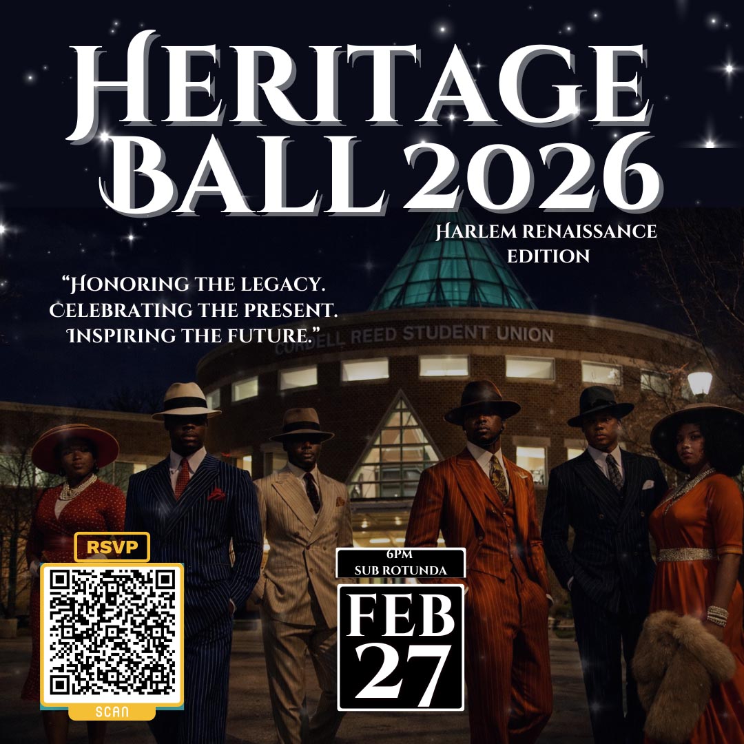 Event flyer for the Heritage Ball, taking place on February 27 at 6pm in the Student Union Building rotunda. The theme is Harlem Renaissance.