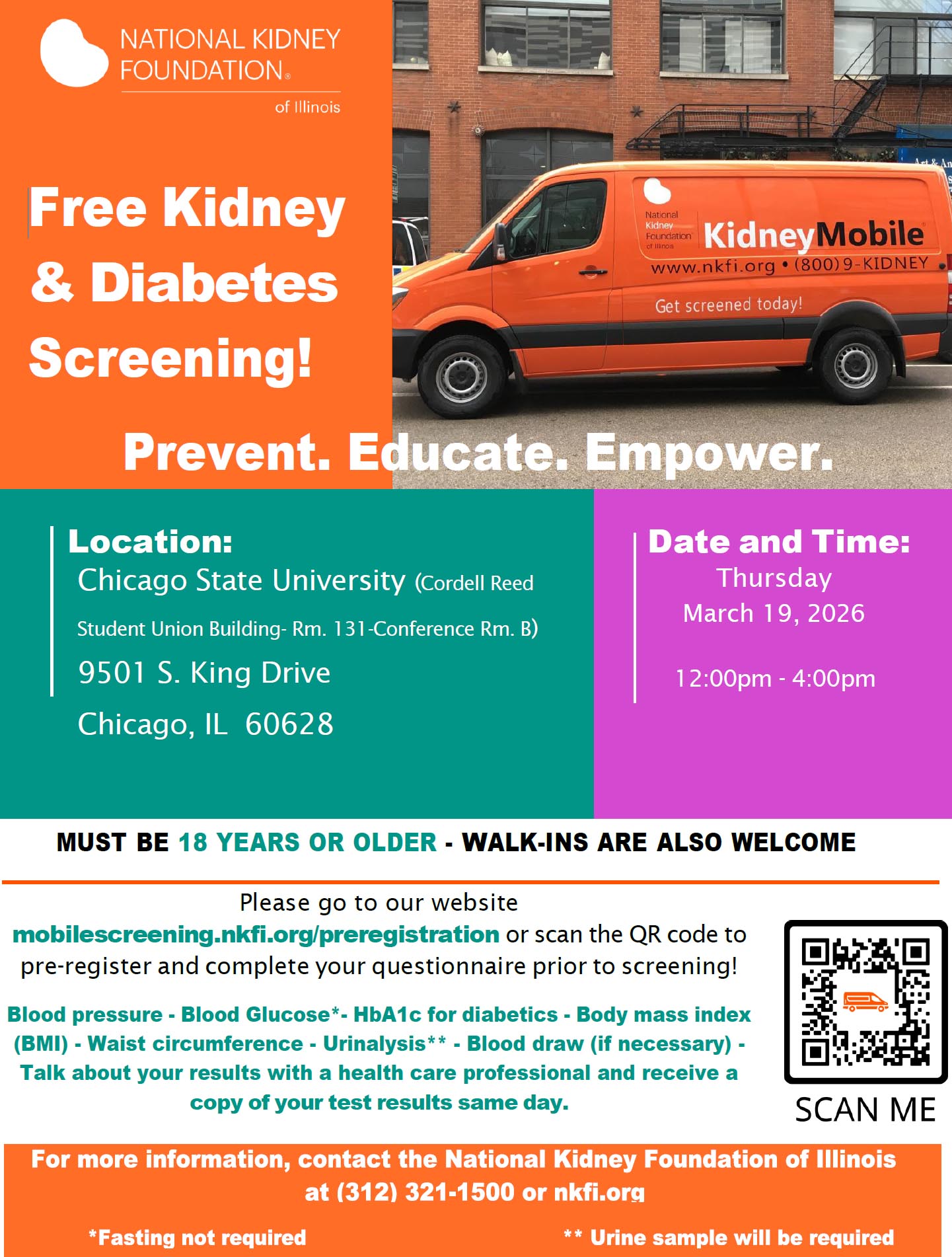 Flyer announcing free kidney & diabetes screening by the National Kidney Foundation. Must be 18 years or older. Walk-ins are welcome. 