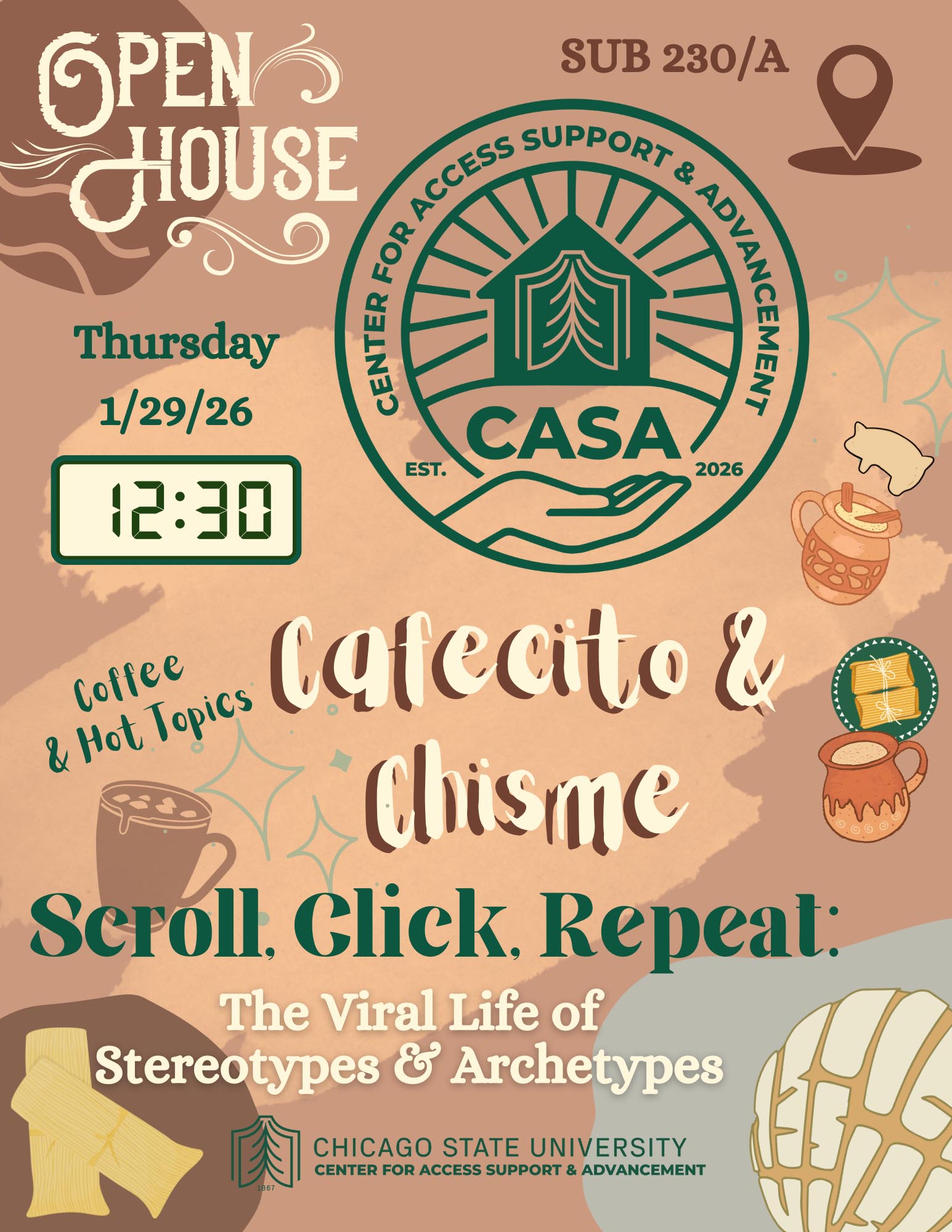 Illustrated flyer for CASA Open House with coffee theme and event details for Cafecito & Chisme and and a discussion on stereotypes and archetypes.