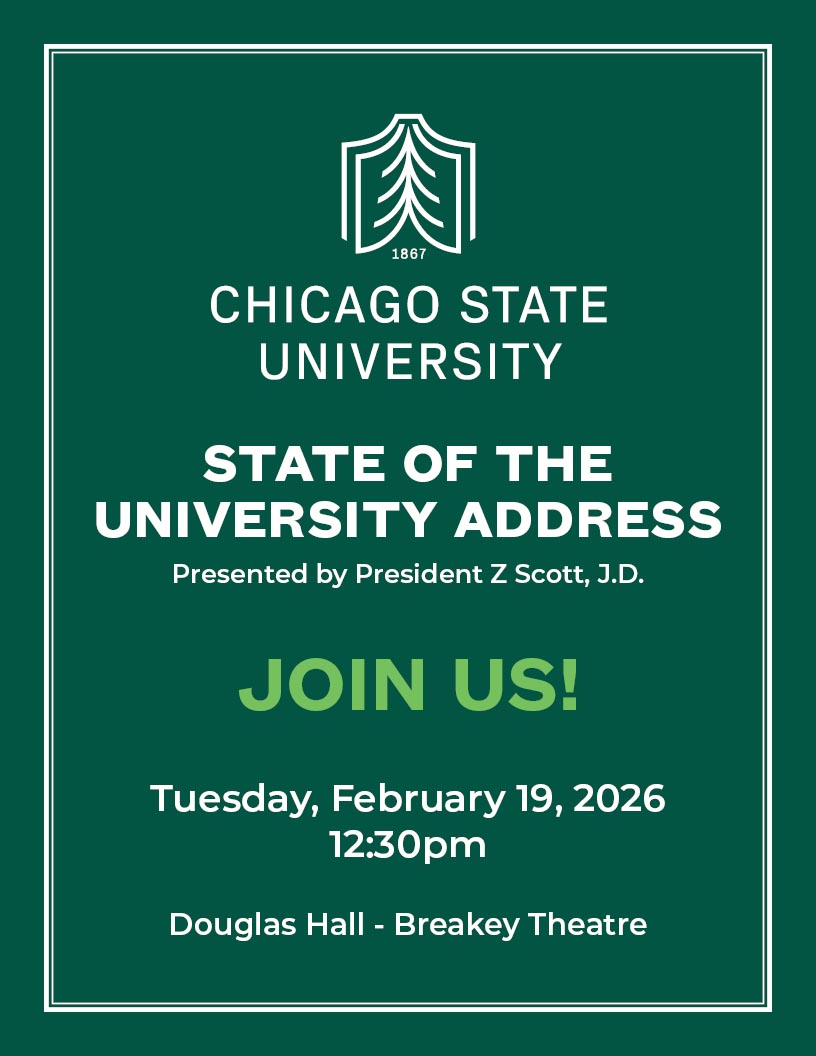 A green flyer with white and bright green text that says 'State of the University Address' presented by President Z Scott.