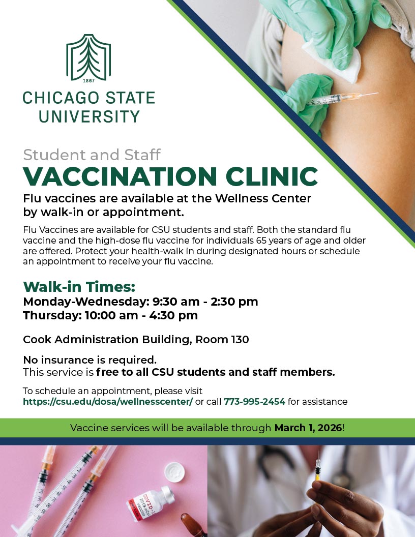 Flyer announcing a vaccination clinic for students and staff of Chicago State University