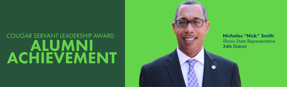 Banner for the 2026 Cougar Servant Leadership Award for Alumni Achievement with a photo of Nicolas "Nick" Smith.