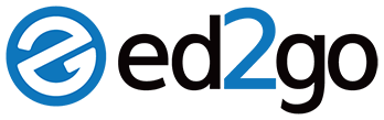 A blue and black graphic logo with the text “ed2go”
