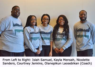 From Left to Right:  Isiah Samuel, Kayla Mensah, Nicolette Sanders, Courtney Jenkins, Olanepikun Laosebikan (Coach)
