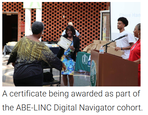 A certificate being awarded as part of the ABE-LINC Digital Navigator cohort A certificate being awarded as part of the ABE-LINC Digital Navigator cohort