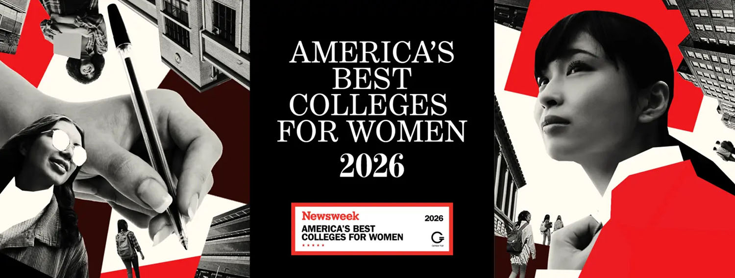 Newsweek banner graphic for "America's Best Colleges for Women 2026." Features a bold black, white, and red artistic collage of female students, campus buildings, and a hand holding a pen.
