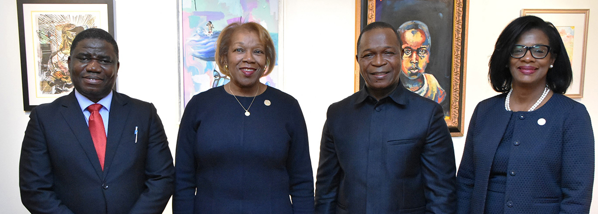 (L-R) Dehpue Y. Zuo, Deputy Minister for Economic Management, Ministry of Finance Development Planning, Republic of Liberia; Z Scott, J.D., President of Chicago State University; Nyekeh Y. Forkpa, Acting Minister, Ministry of Education, Republic of Liberia; Dr. Sonja Feist-Price, Provost and Senior Vice President for Academic and Student Affairs for Chicago State University. (L-R) Dehpue Y. Zuo, Deputy Minister for Economic Management, Ministry of Finance Development Planning, Republic of Liberia; Z Scott, J.D., President of Chicago State University; Nyekeh Y. Forkpa, Acting Minister, Ministry of Education, Republic of Liberia; Dr. Sonja Feist-Price, Provost and Senior Vice President for Academic and Student Affairs for Chicago State University.