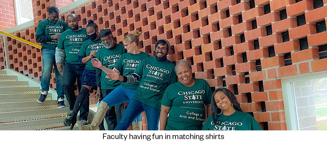 Faculty having fun in matching shirts