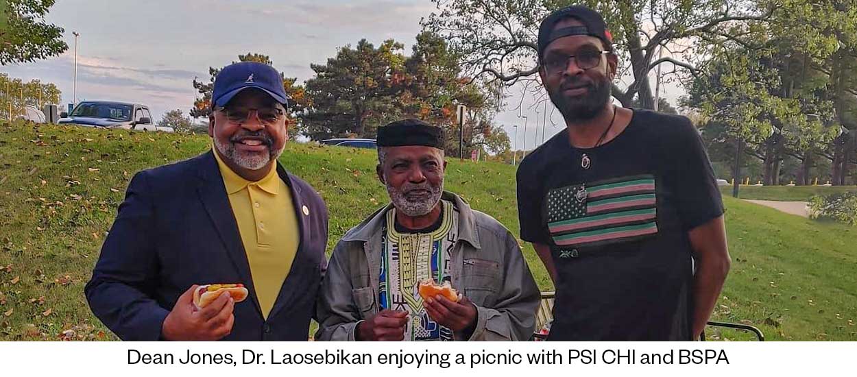 Dean Jones, Dr. Laosebikan enjoying a picnic with PSI CHI & BSPA