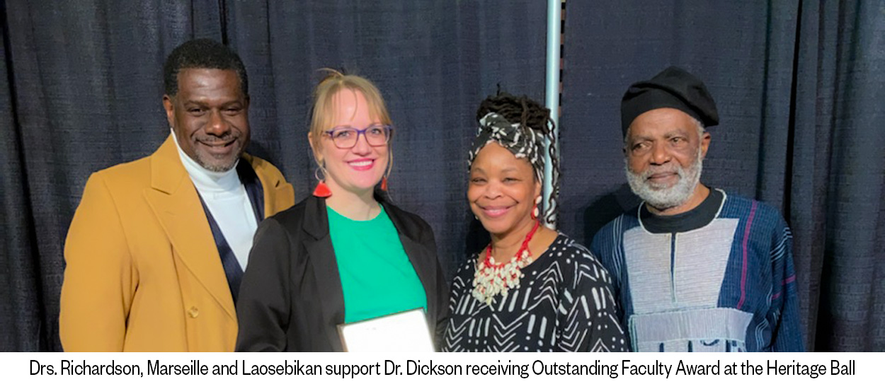 Drs. Richardson, Marseile and Laosebikan support Dr. Dickson receiving Outstanding Faculty Award at the Heritage Ball